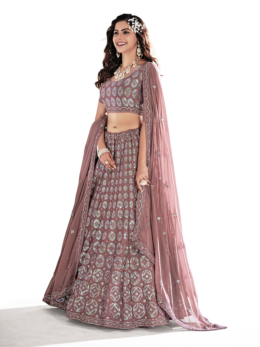 Mauve Georgette Embroidered Wedding Lehenga Choli