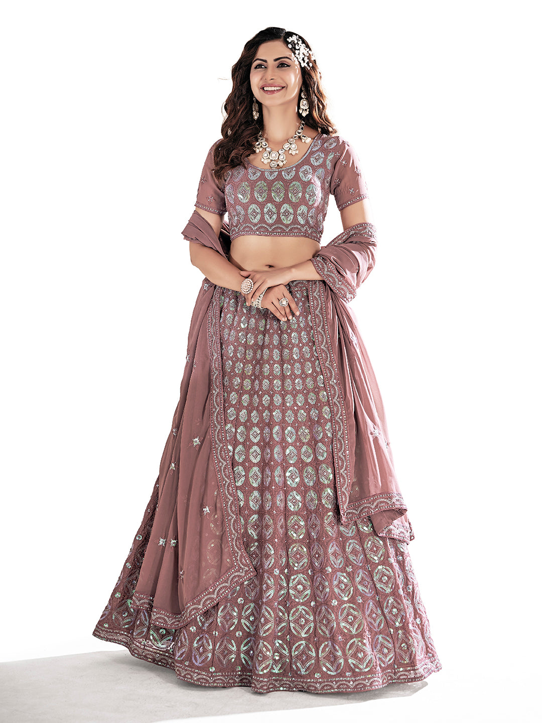 Mauve Georgette Embroidered Wedding Lehenga Choli