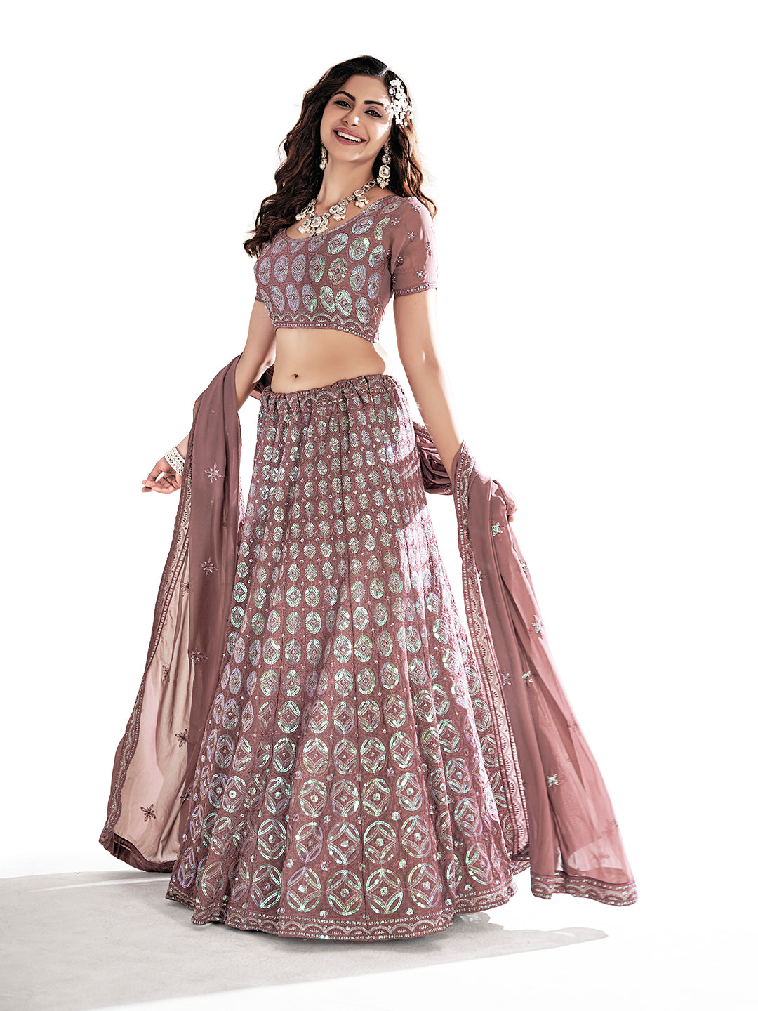 Mauve Georgette Embroidered Wedding Lehenga Choli