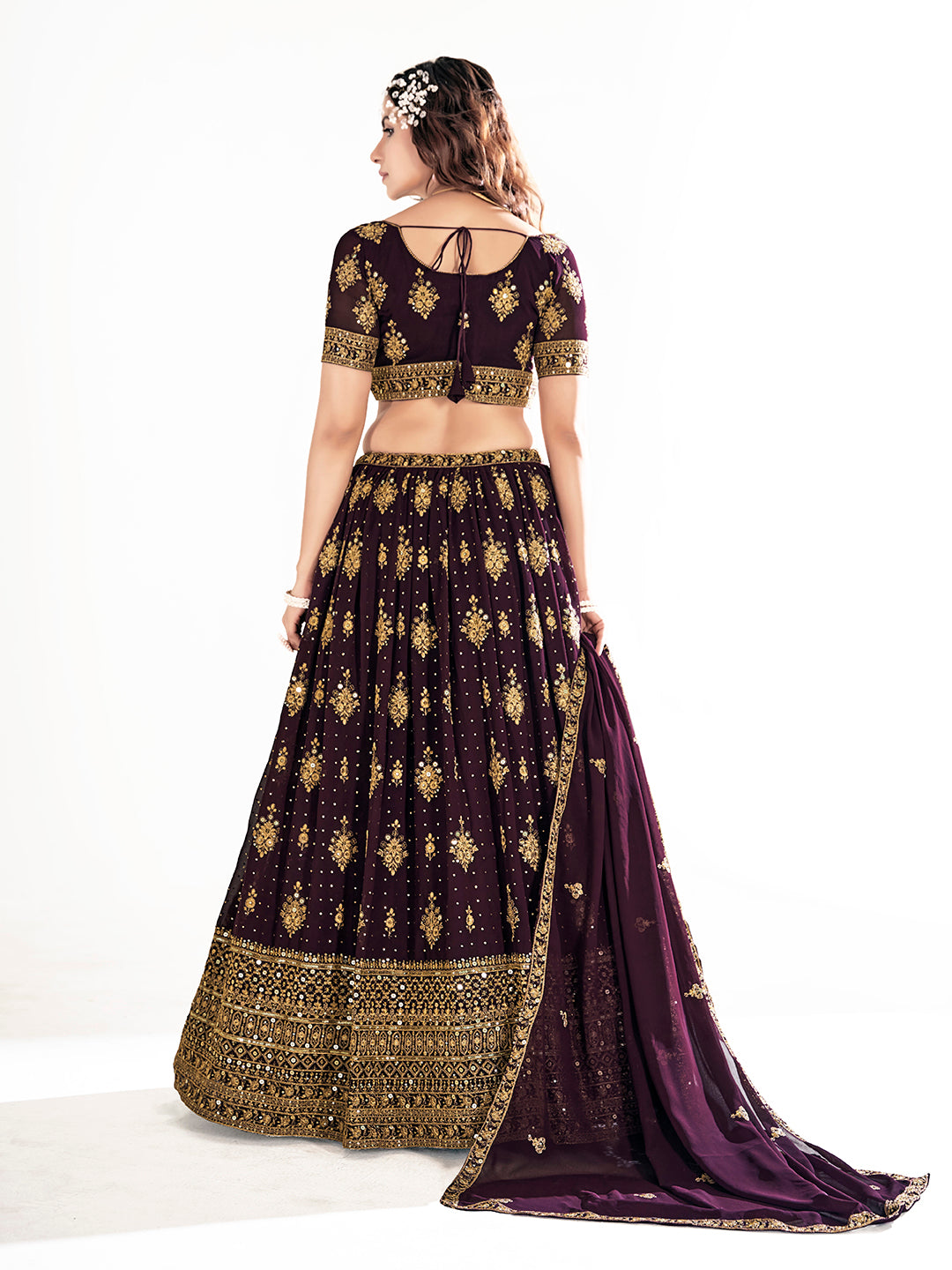 Wine Purple Embroidered Semi Stitched Lehenga And Unstitched Blouse With Dupatta