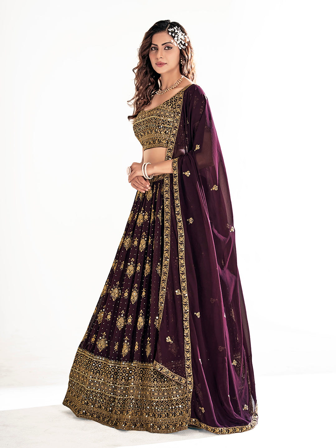 Wine Purple Embroidered Semi Stitched Lehenga And Unstitched Blouse With Dupatta