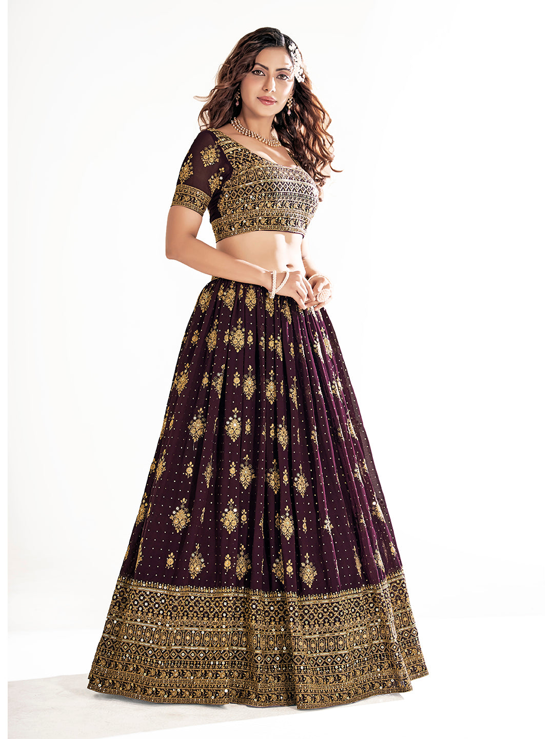 Wine Purple Embroidered Semi Stitched Lehenga And Unstitched Blouse With Dupatta