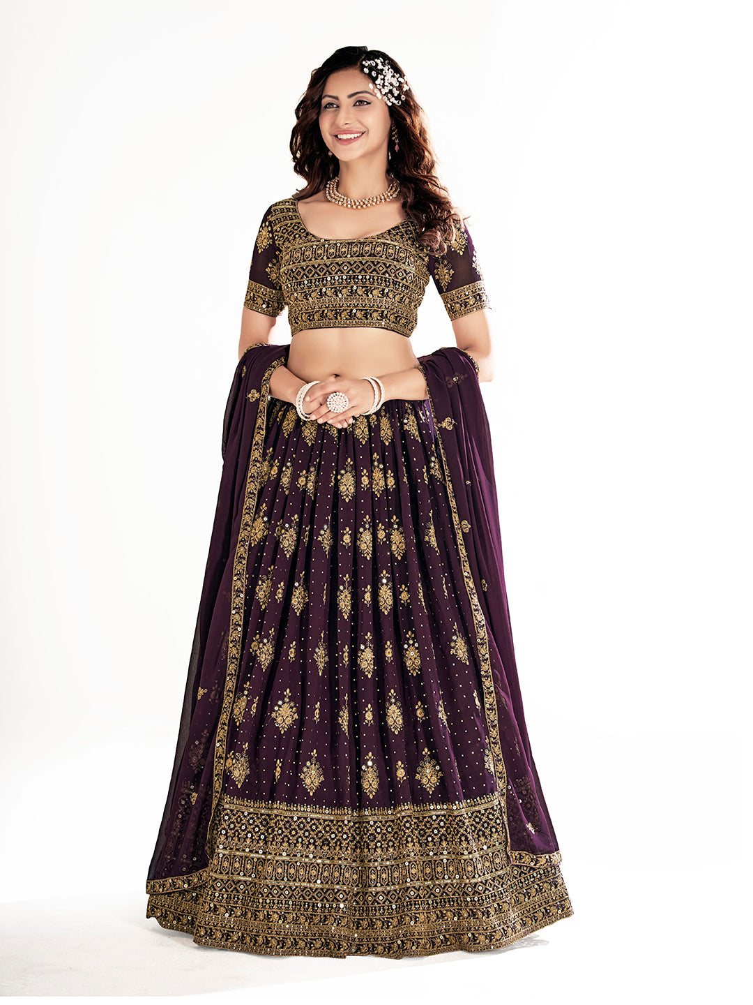 Wine Purple Embroidered Semi Stitched Lehenga And Unstitched Blouse With Dupatta