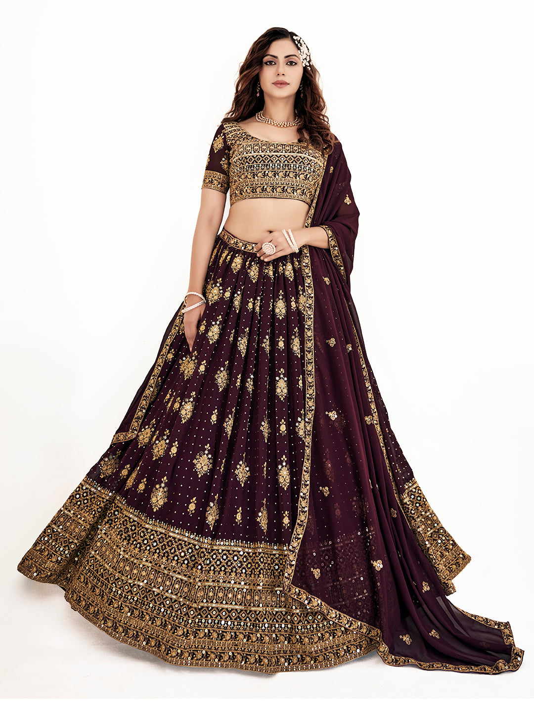 Wine Purple Embroidered Semi Stitched Lehenga And Unstitched Blouse With Dupatta