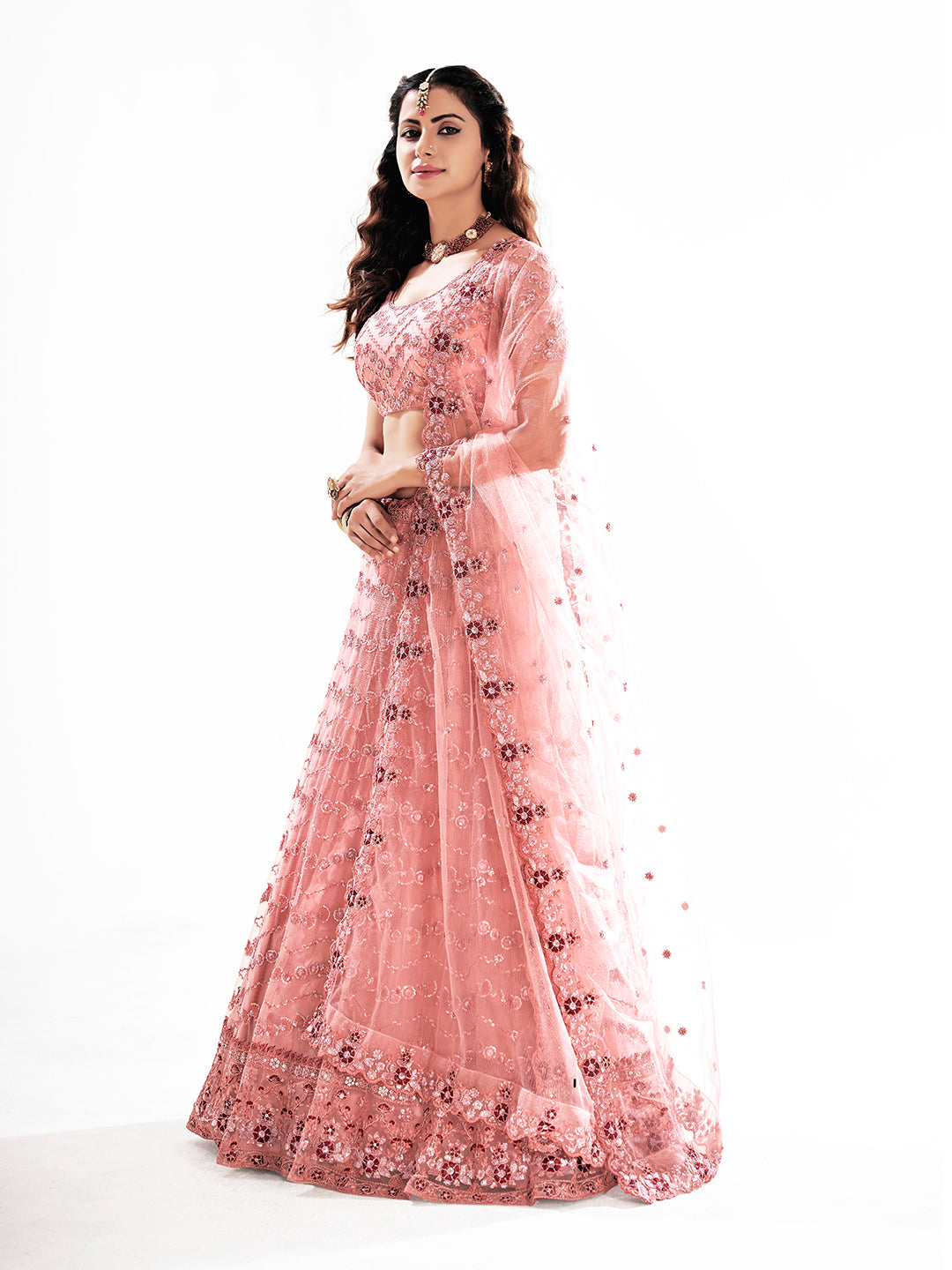 Pink Embroidered Semi-Stitched Lehenga & Unstitched Blouse With Dupatta