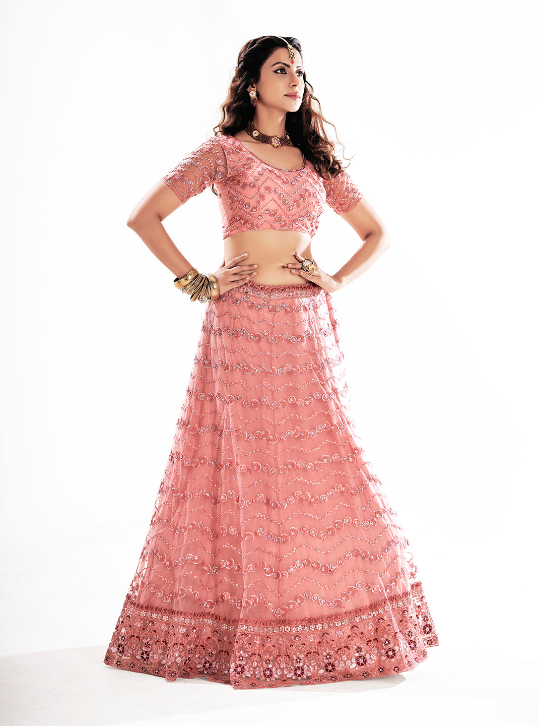 Pink Embroidered Semi-Stitched Lehenga & Unstitched Blouse With Dupatta