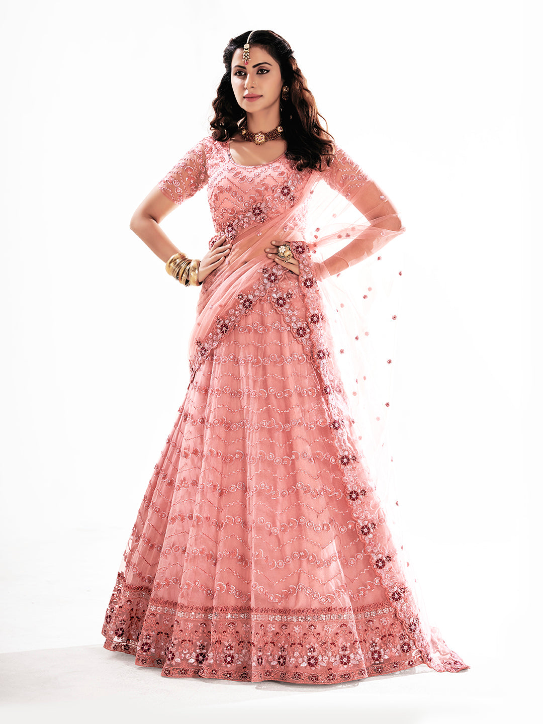 Pink Embroidered Semi-Stitched Lehenga & Unstitched Blouse With Dupatta