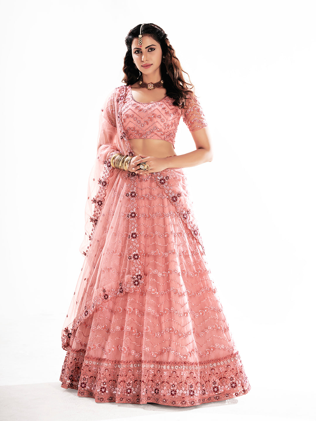 Pink Embroidered Semi-Stitched Lehenga & Unstitched Blouse With Dupatta