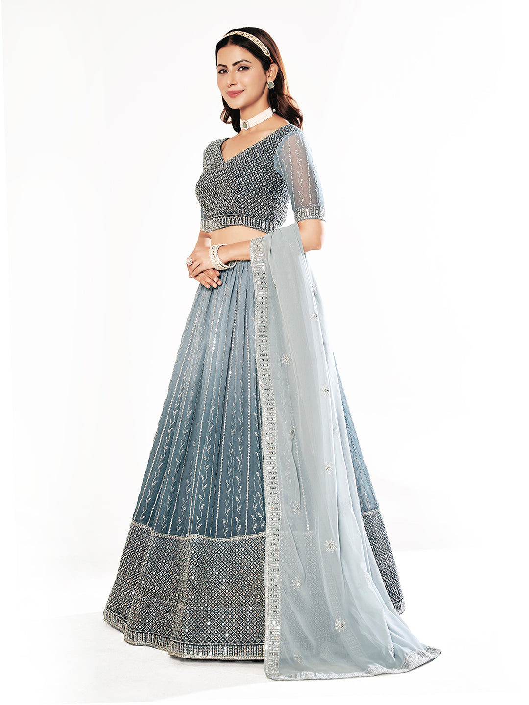 Grey Embroidered Semi-Stitched Lehenga & Unstitched Blouse With Dupatta