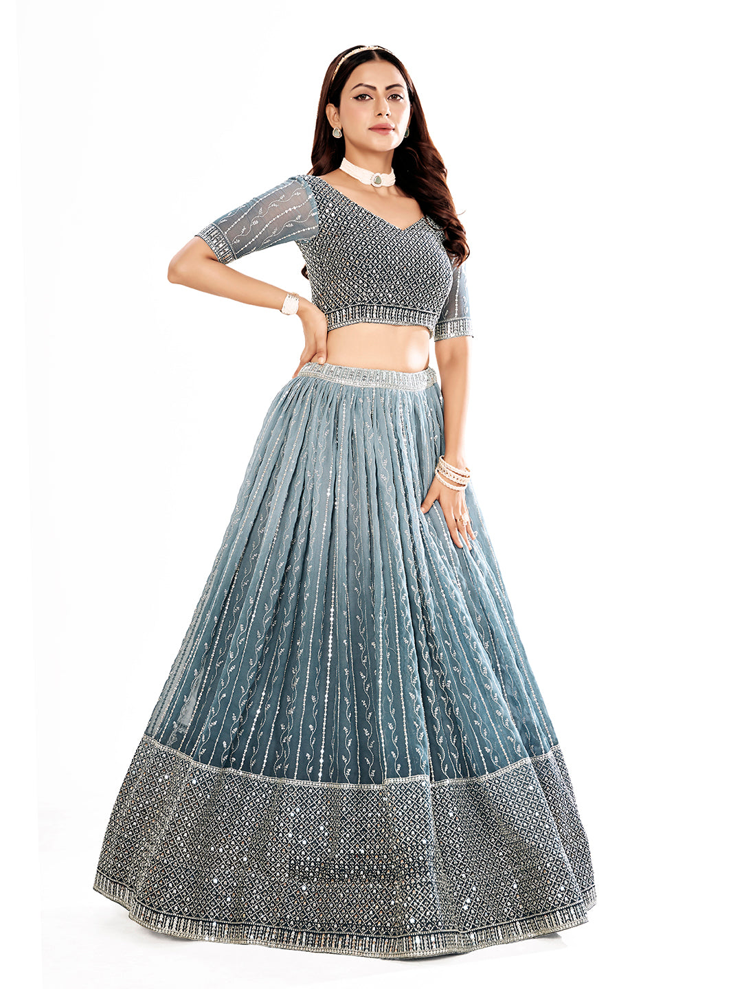 Grey Embroidered Semi-Stitched Lehenga & Unstitched Blouse With Dupatta