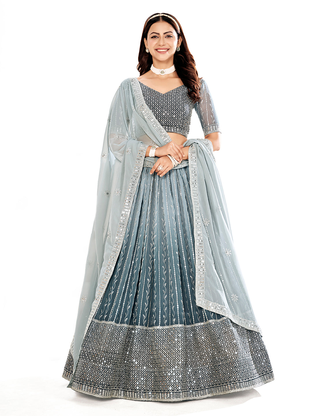 Grey Embroidered Semi-Stitched Lehenga & Unstitched Blouse With Dupatta