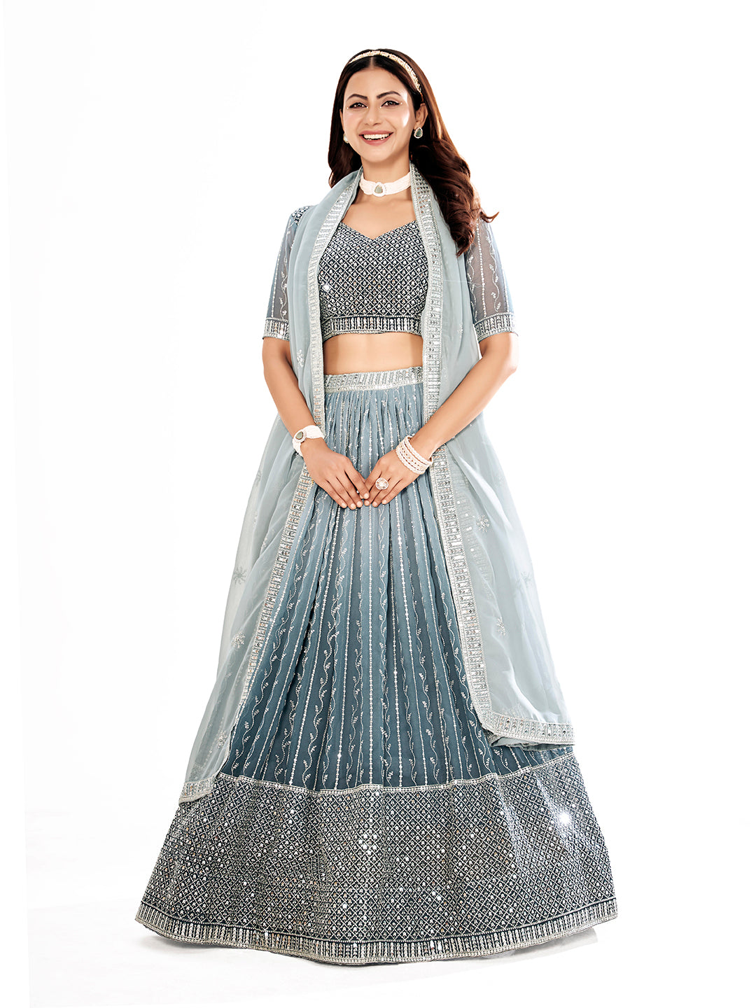 Grey Embroidered Semi-Stitched Lehenga & Unstitched Blouse With Dupatta