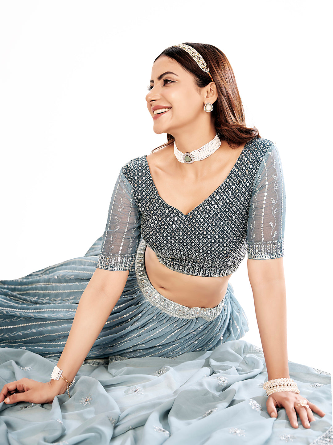 Grey Embroidered Semi-Stitched Lehenga & Unstitched Blouse With Dupatta