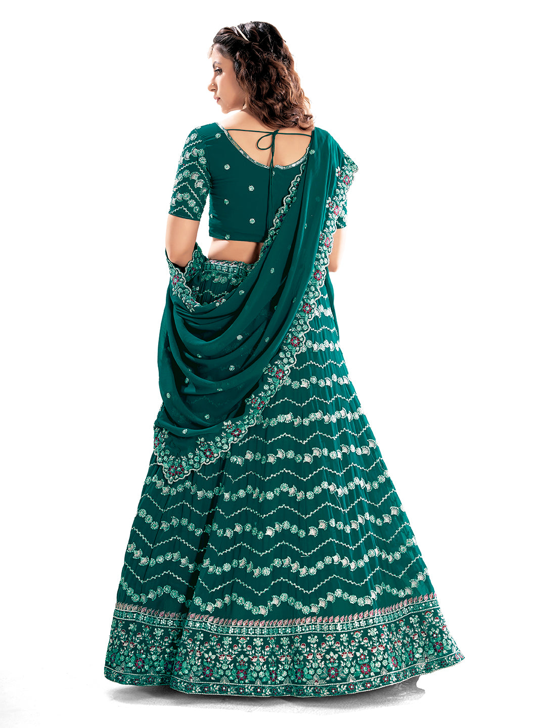 Teal Blue Embroidered Sequined Semi-Stitched Lehenga Choli