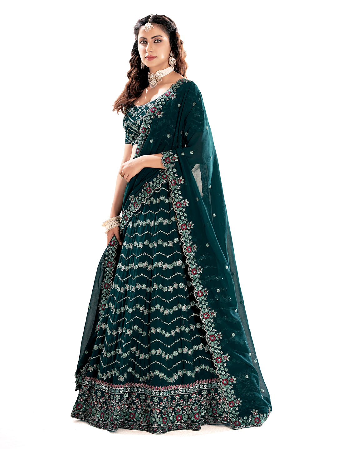 Teal Blue Embroidered Sequined Semi-Stitched Lehenga Choli