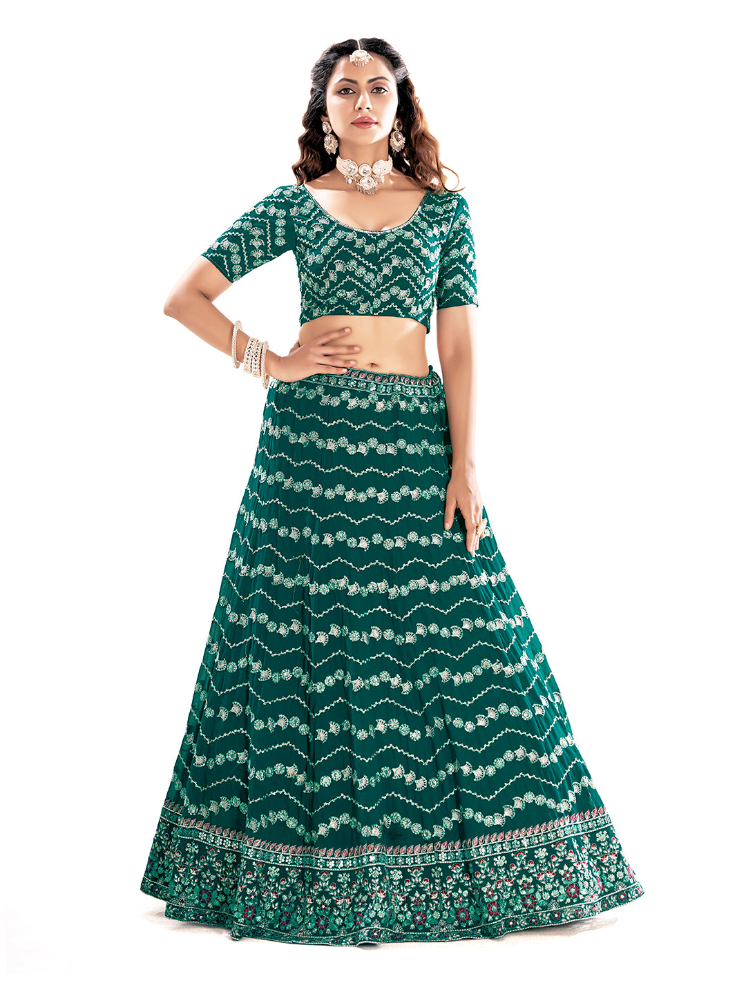 Teal Blue Embroidered Sequined Semi-Stitched Lehenga Choli