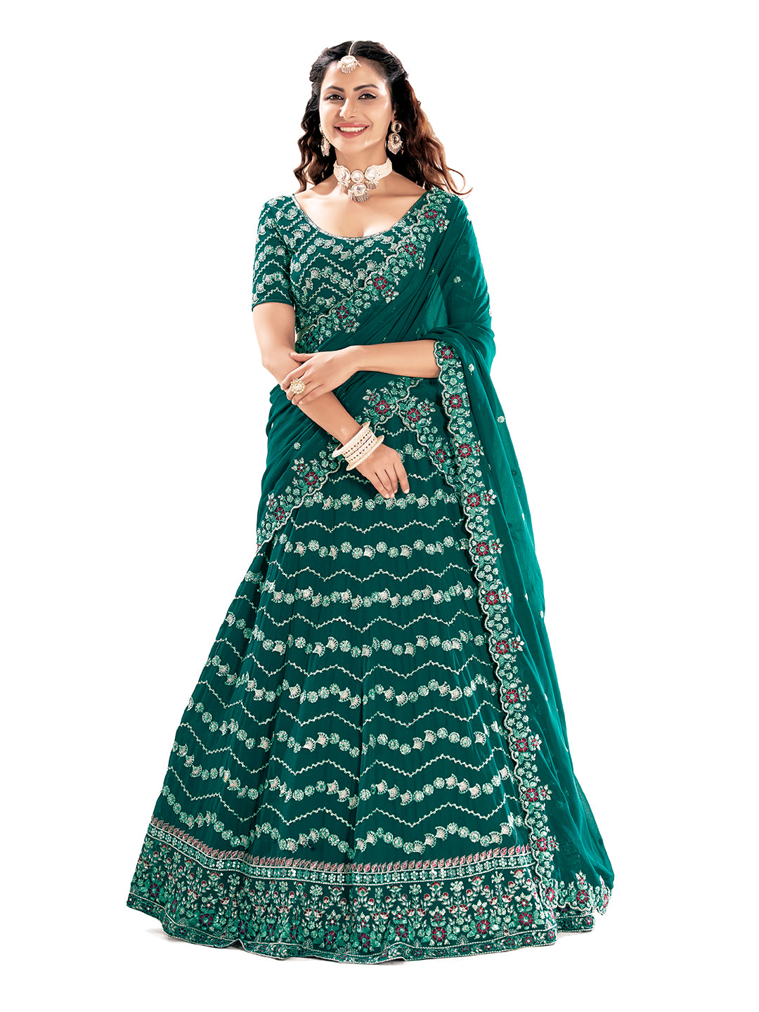 Teal Blue Embroidered Sequined Semi-Stitched Lehenga Choli