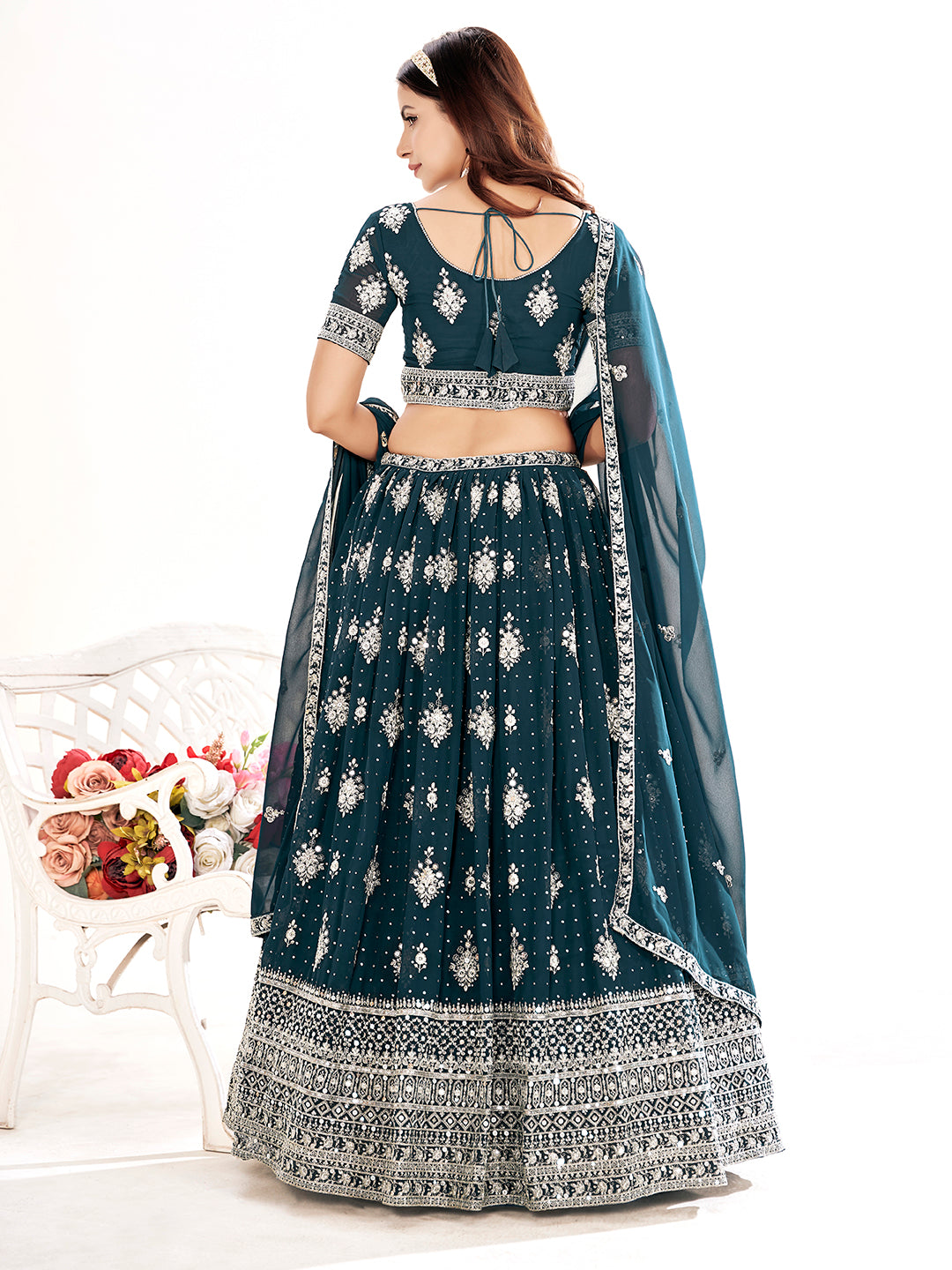 French Navyblue Embroidered Sequined Semi-Stitched Lehenga Choli