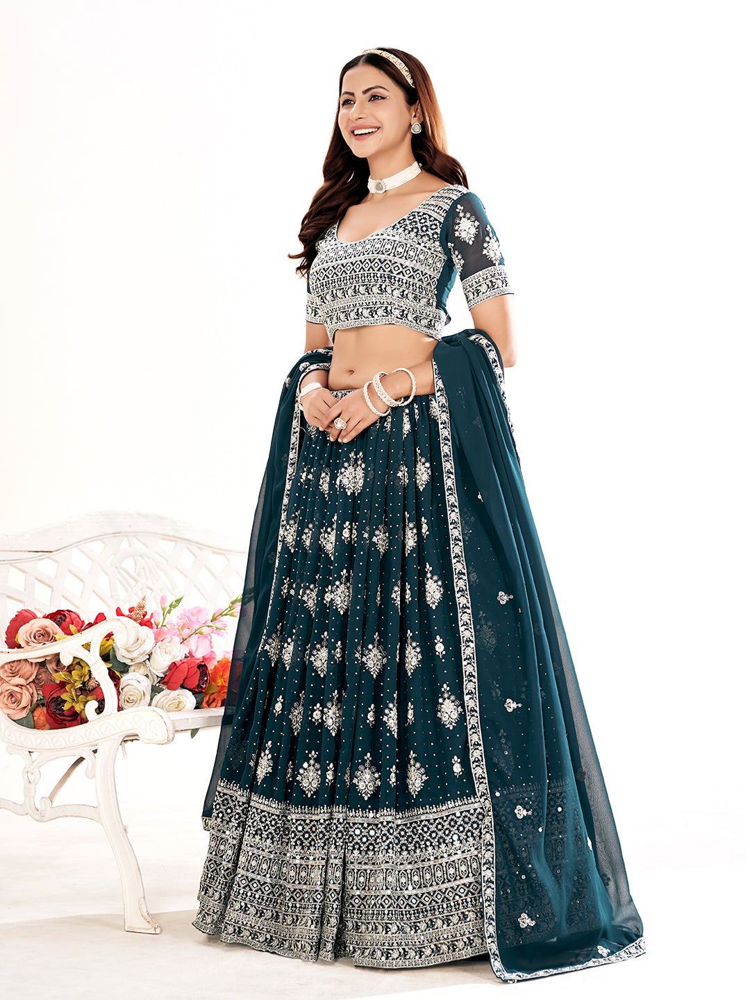 French Navyblue Embroidered Sequined Semi-Stitched Lehenga Choli