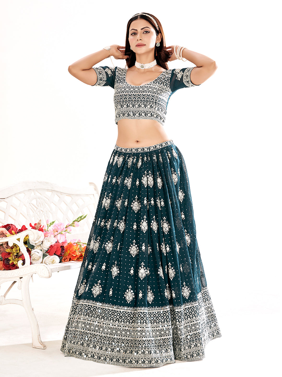 French Navyblue Embroidered Sequined Semi-Stitched Lehenga Choli