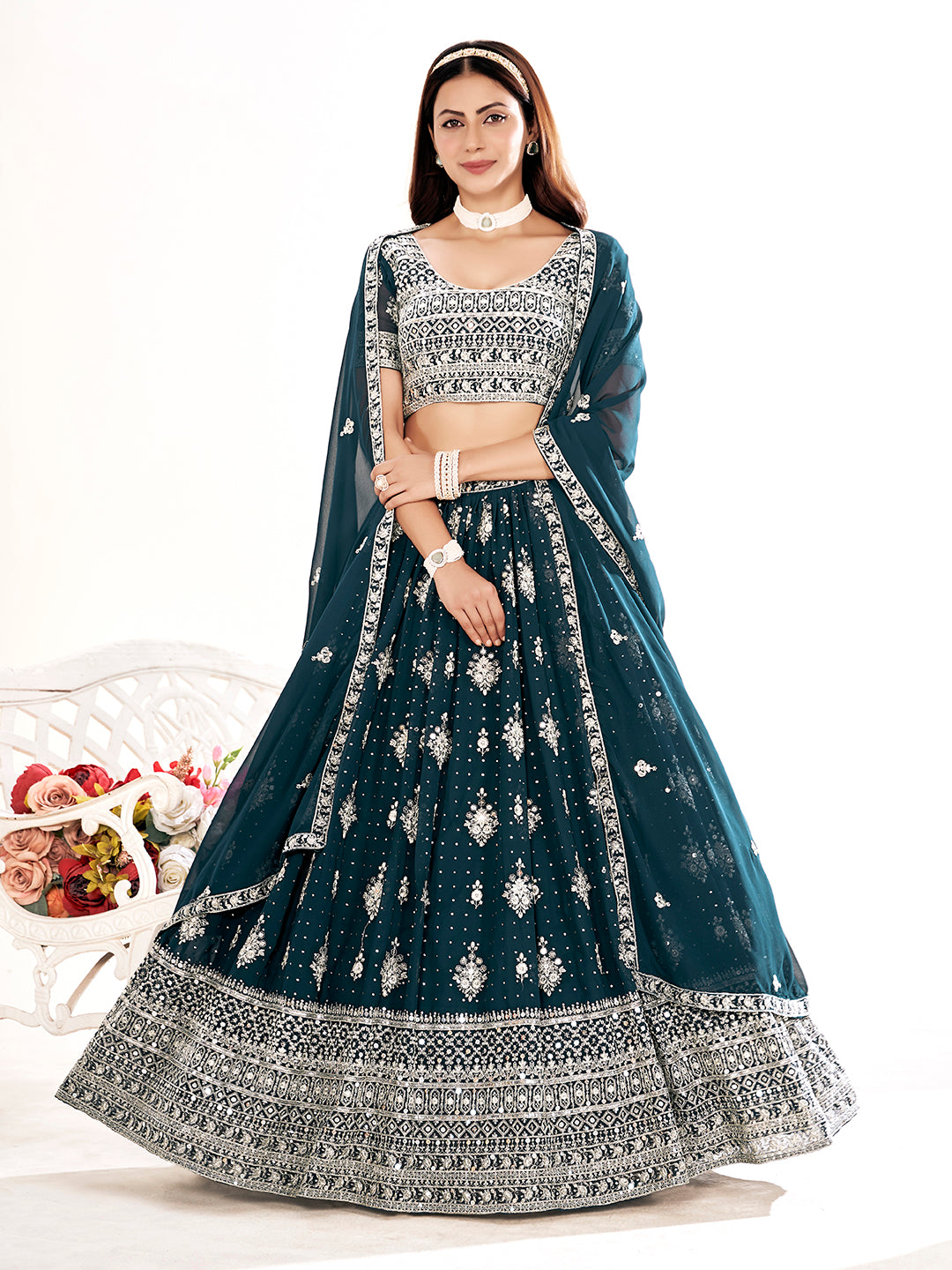 French Navyblue Embroidered Sequined Semi-Stitched Lehenga Choli