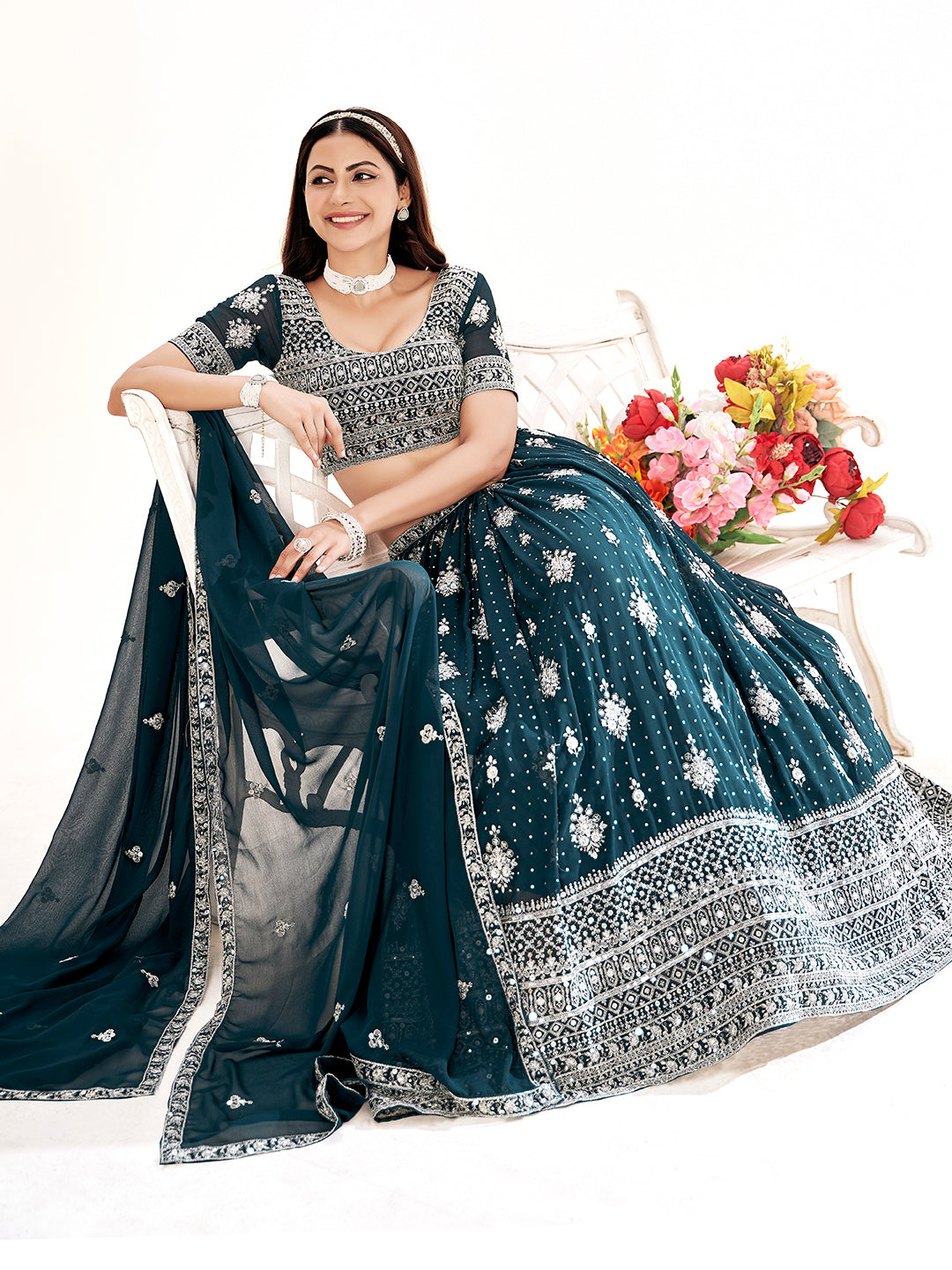 French Navyblue Embroidered Sequined Semi-Stitched Lehenga Choli