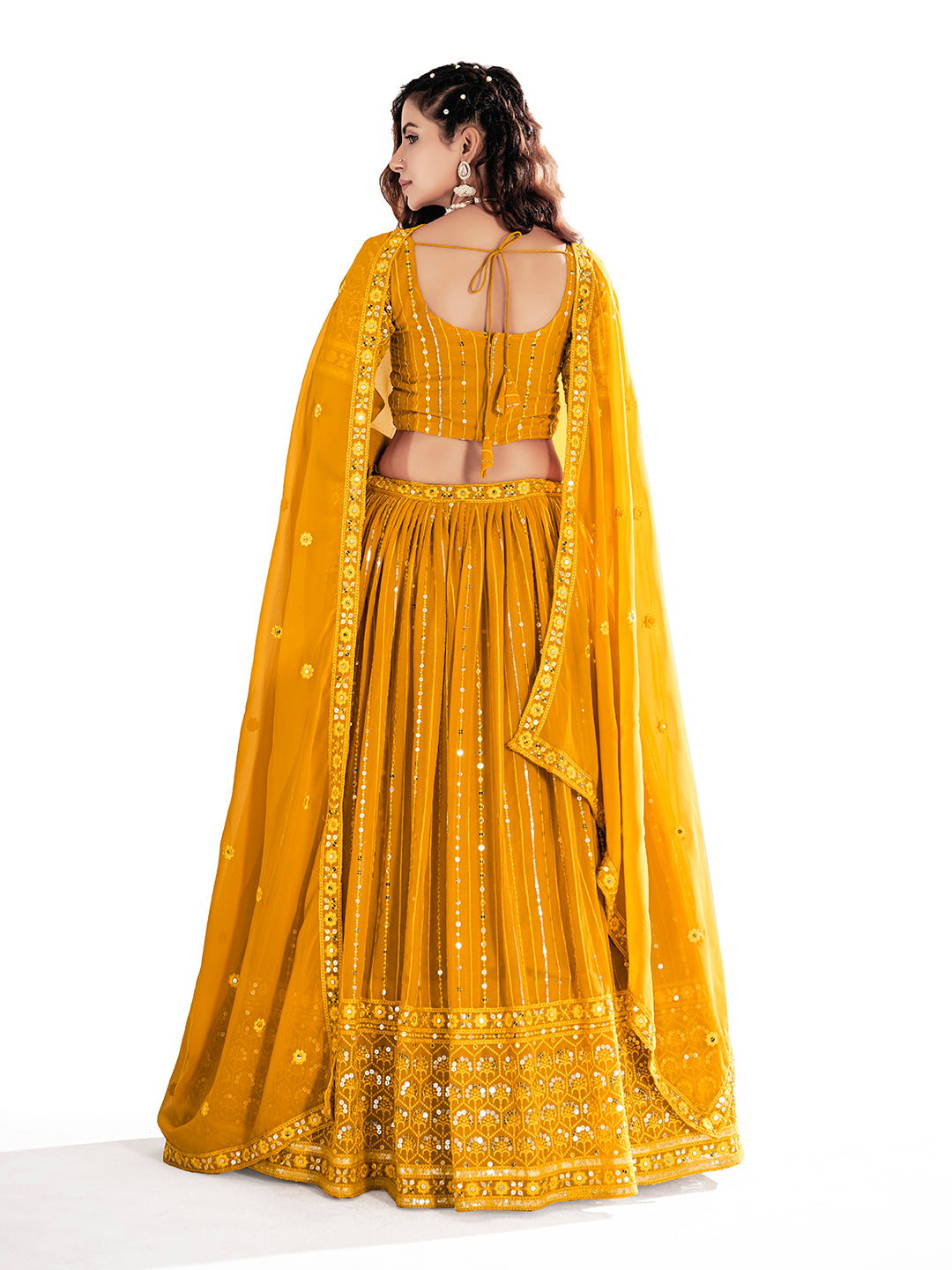 Mustard Yellow Sequins Embroidered Net Lehenga Choli