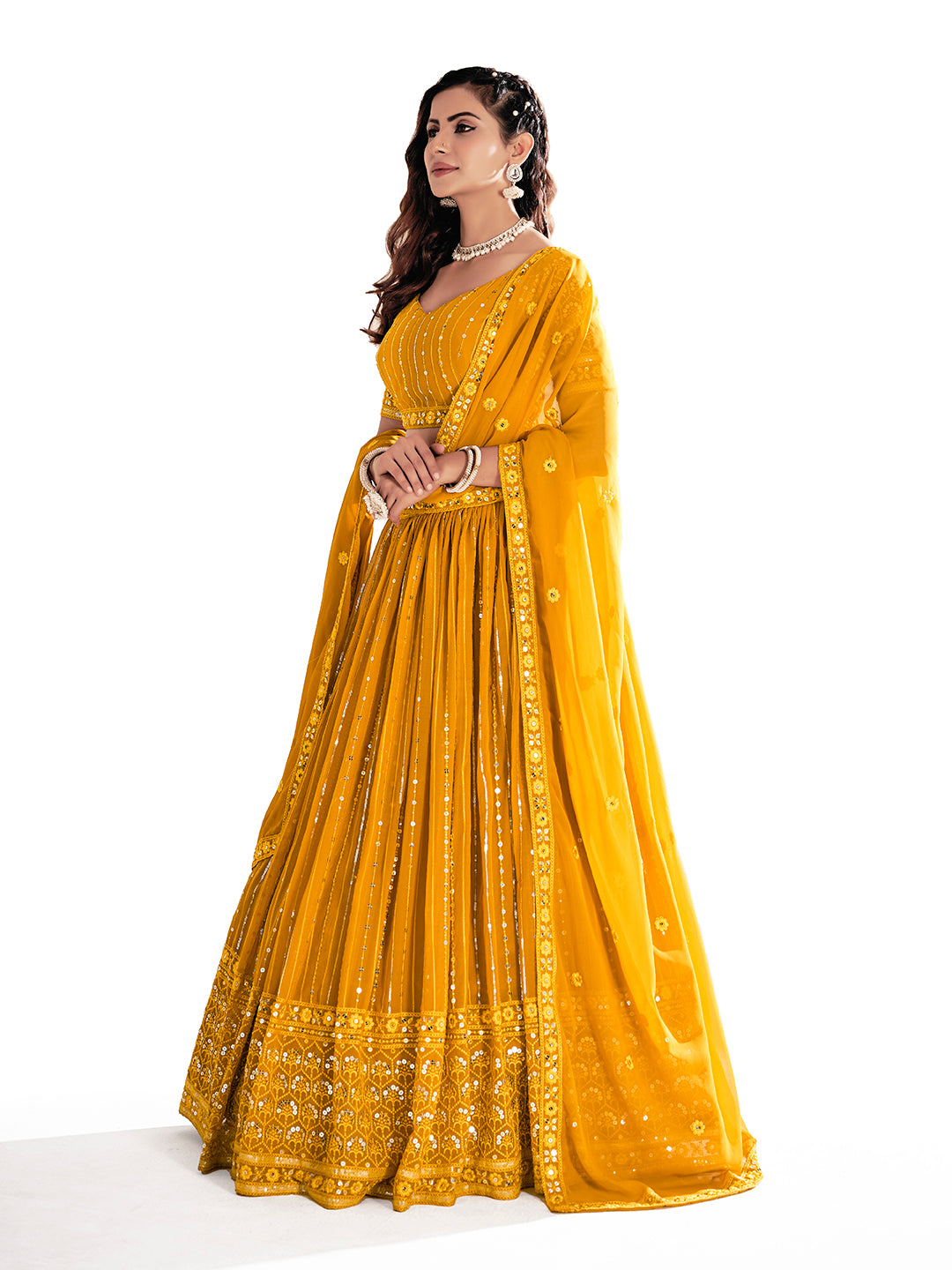 Mustard Yellow Sequins Embroidered Net Lehenga Choli