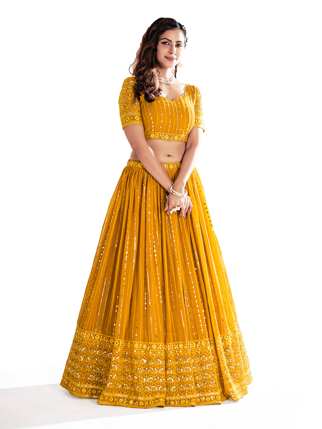 Mustard Yellow Sequins Embroidered Net Lehenga Choli