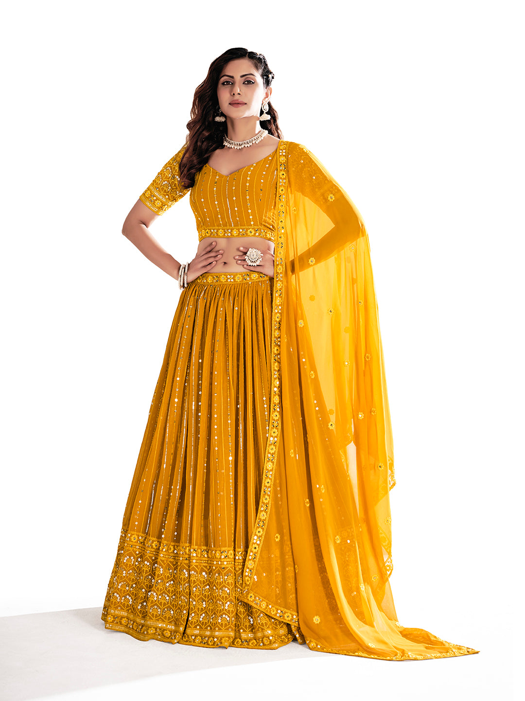 Mustard Yellow Sequins Embroidered Net Lehenga Choli