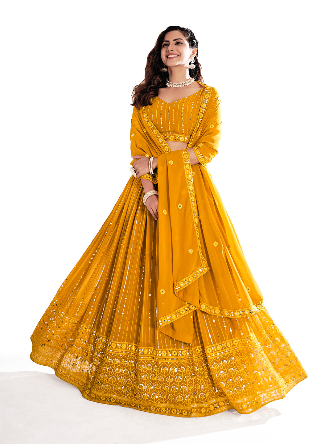 Mustard Yellow Sequins Embroidered Net Lehenga Choli