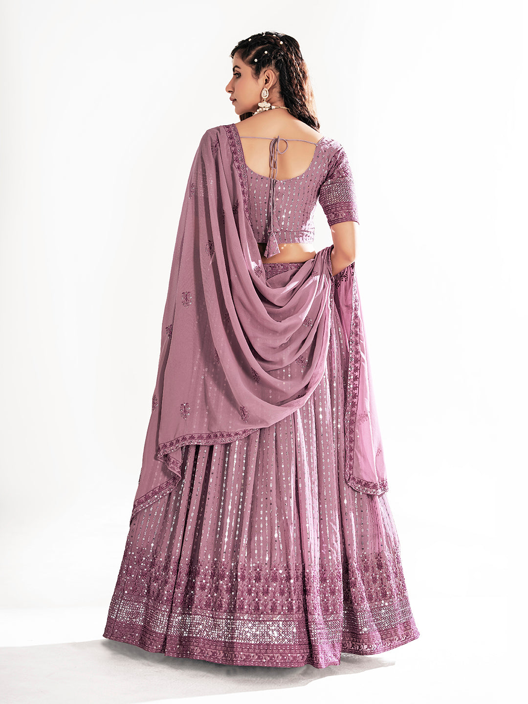 Mauve Embroidered Sequined Semi-Stitched Lehenga Choli