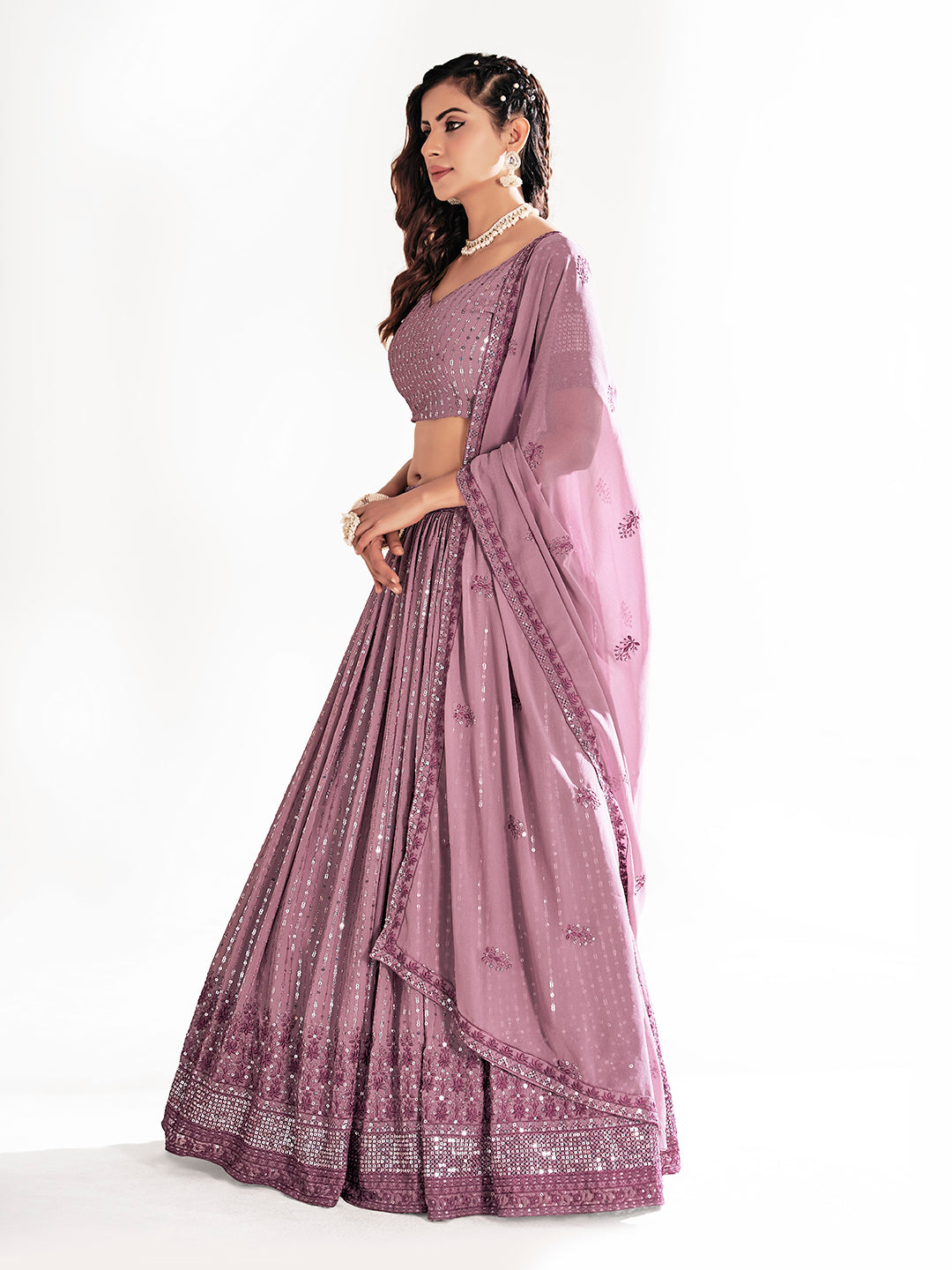 Mauve Embroidered Sequined Semi-Stitched Lehenga Choli