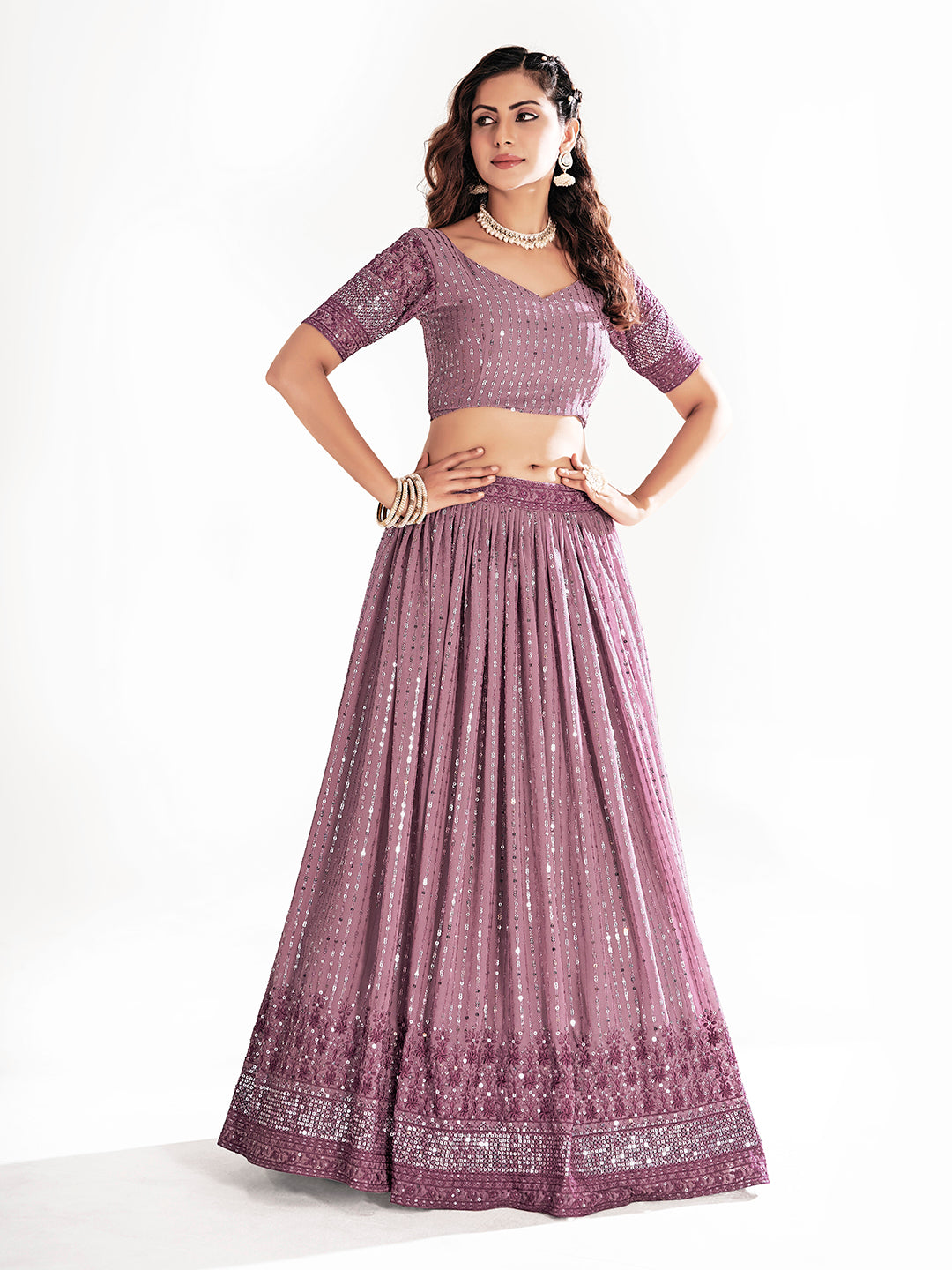 Mauve Embroidered Sequined Semi-Stitched Lehenga Choli