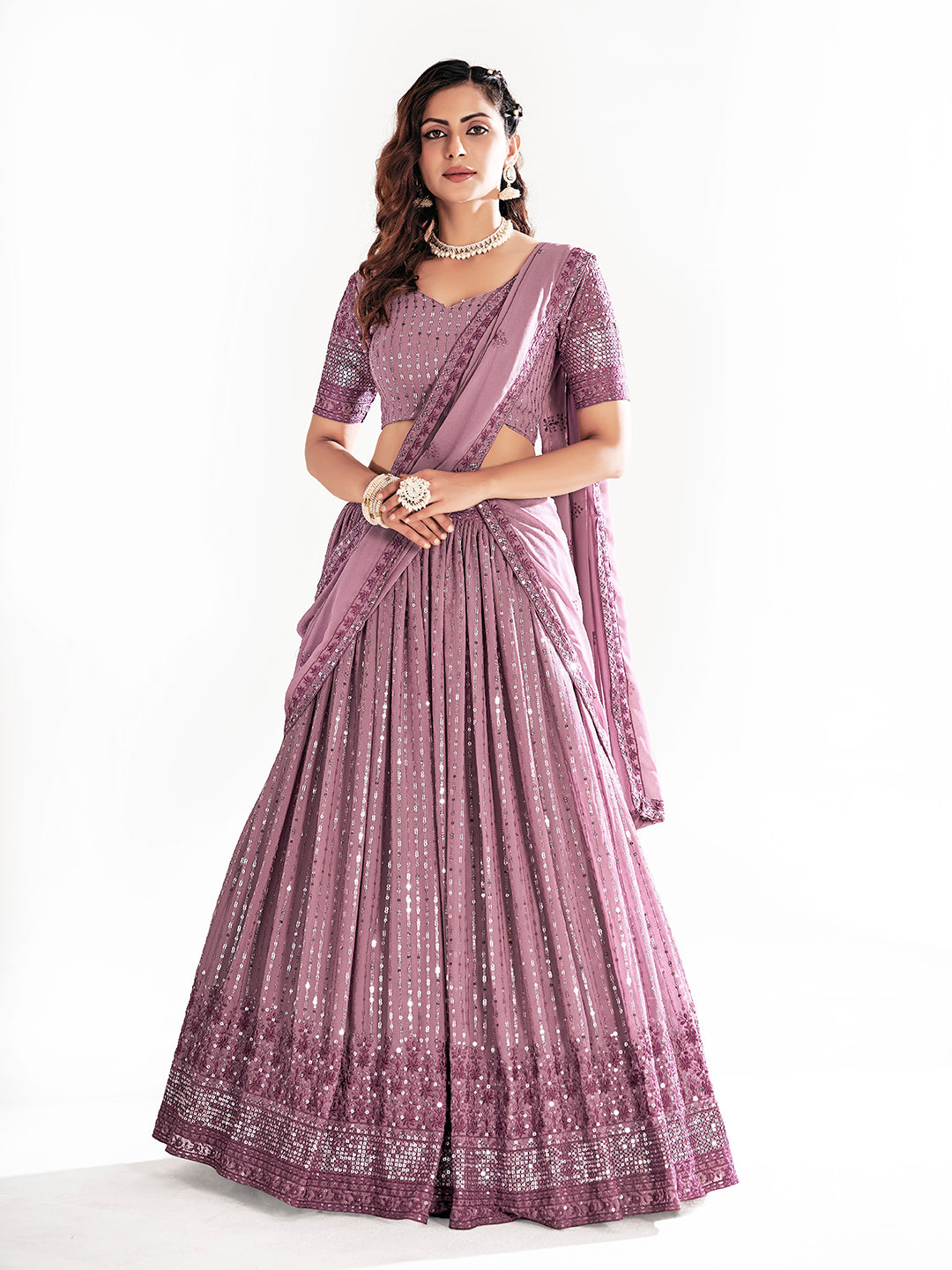 Mauve Embroidered Sequined Semi-Stitched Lehenga Choli