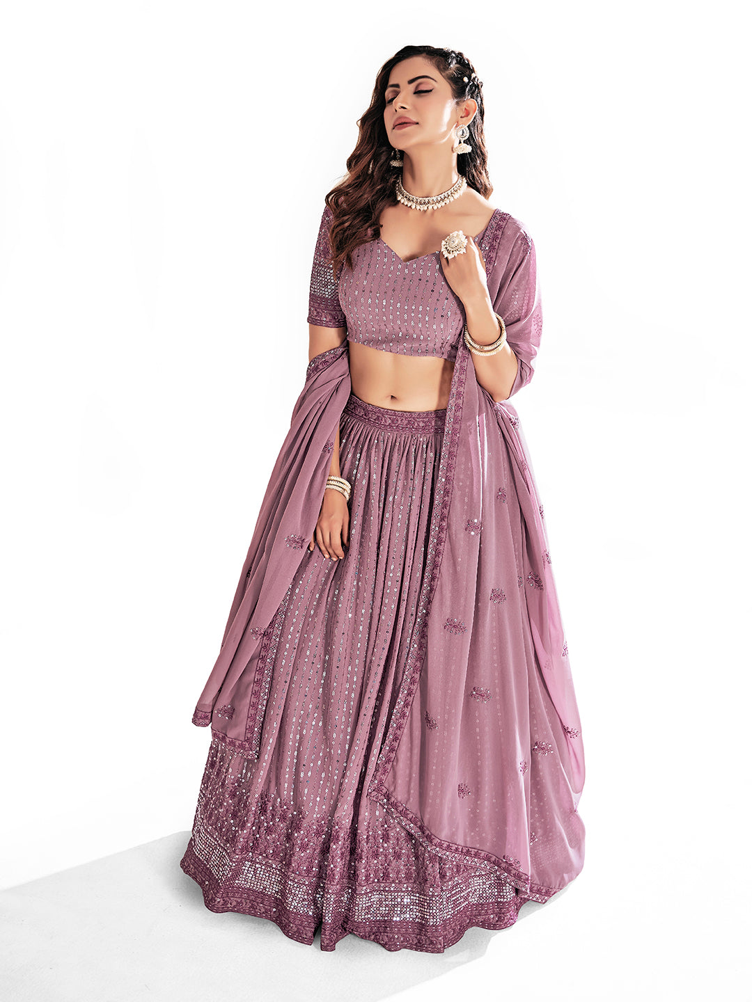 Mauve Embroidered Sequined Semi-Stitched Lehenga Choli