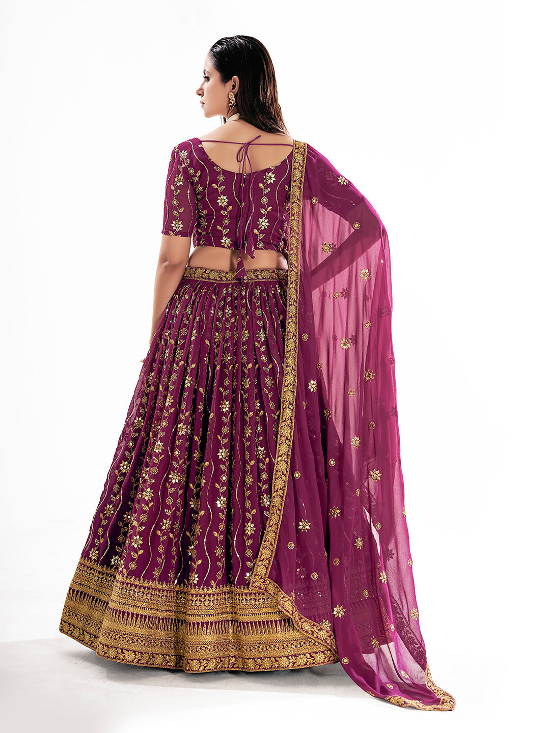 Burgundy Georgette Embroidered Wedding Lehenga Choli