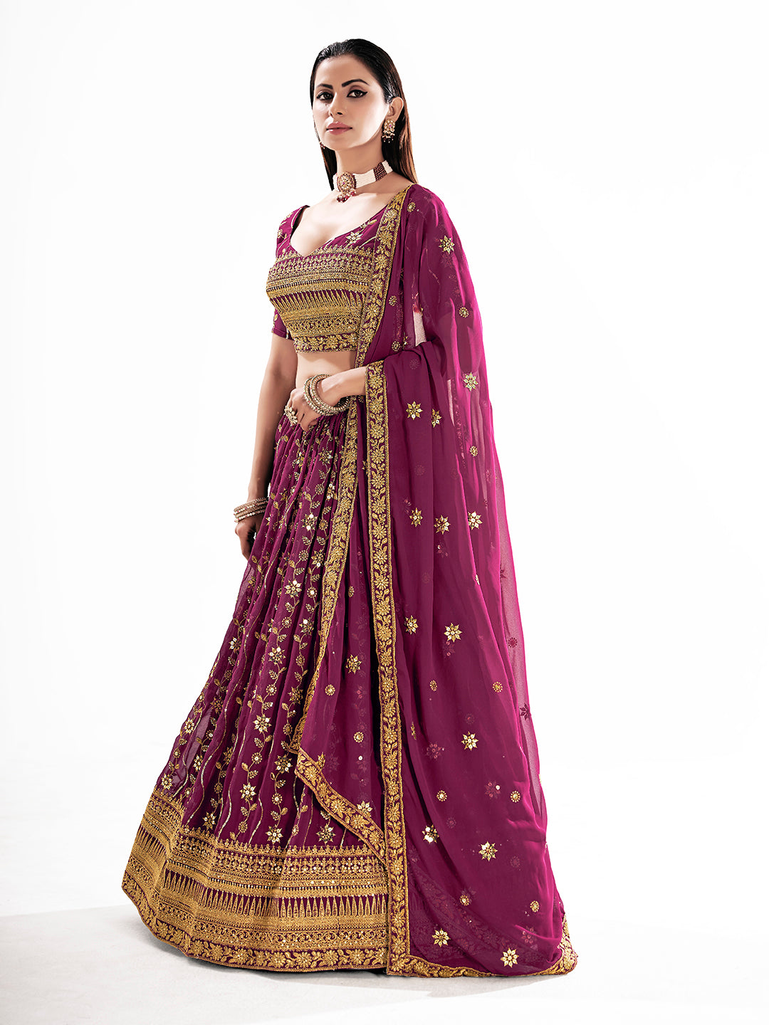 Burgundy Georgette Embroidered Wedding Lehenga Choli