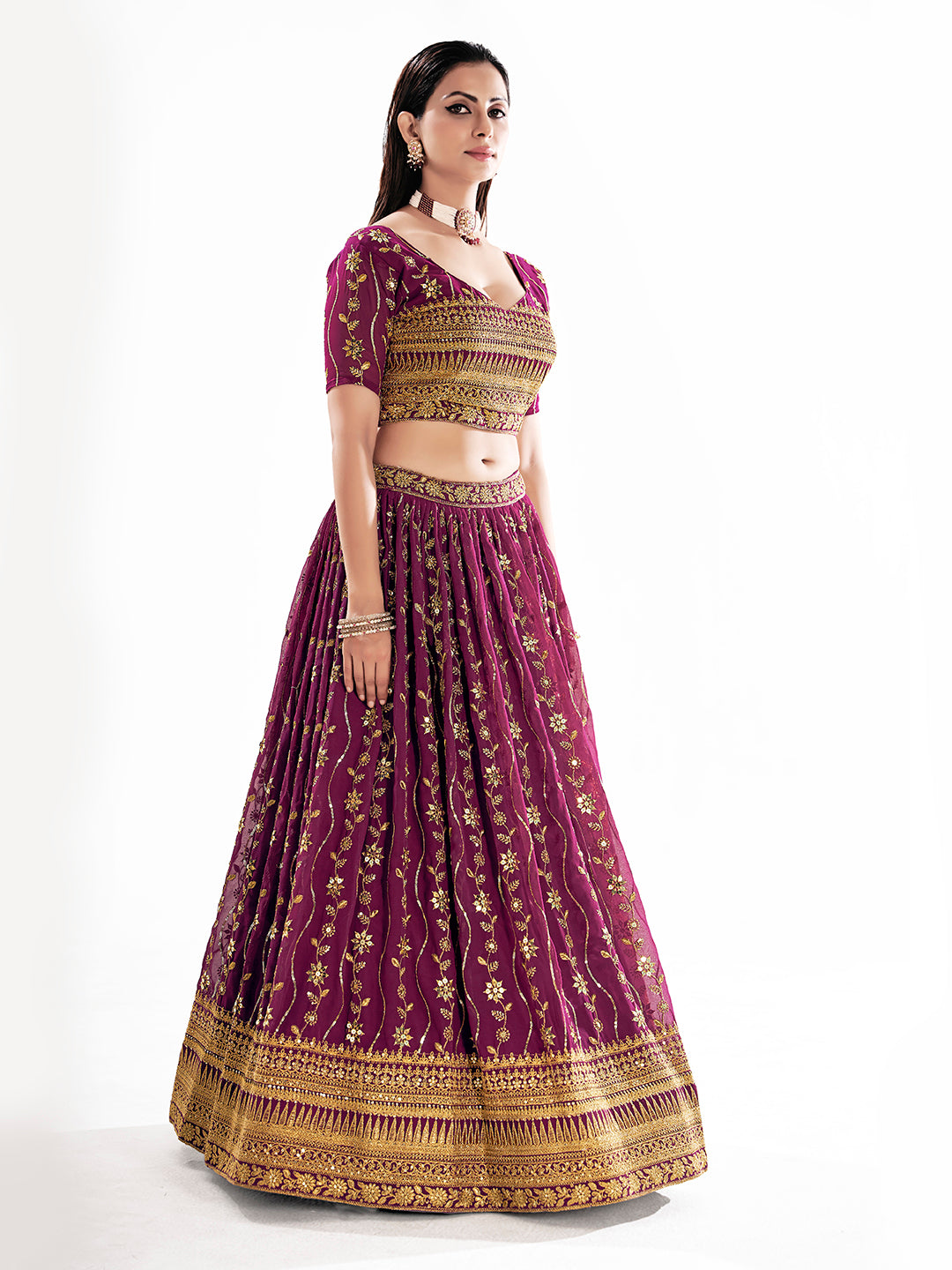 Burgundy Georgette Embroidered Wedding Lehenga Choli