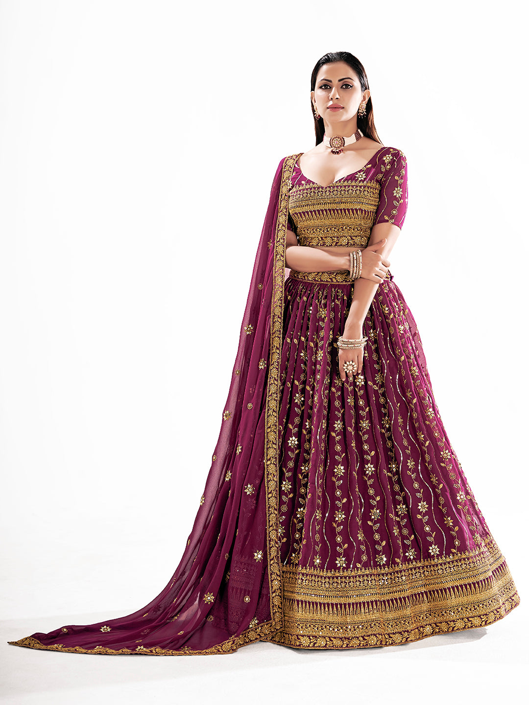 Burgundy Georgette Embroidered Wedding Lehenga Choli