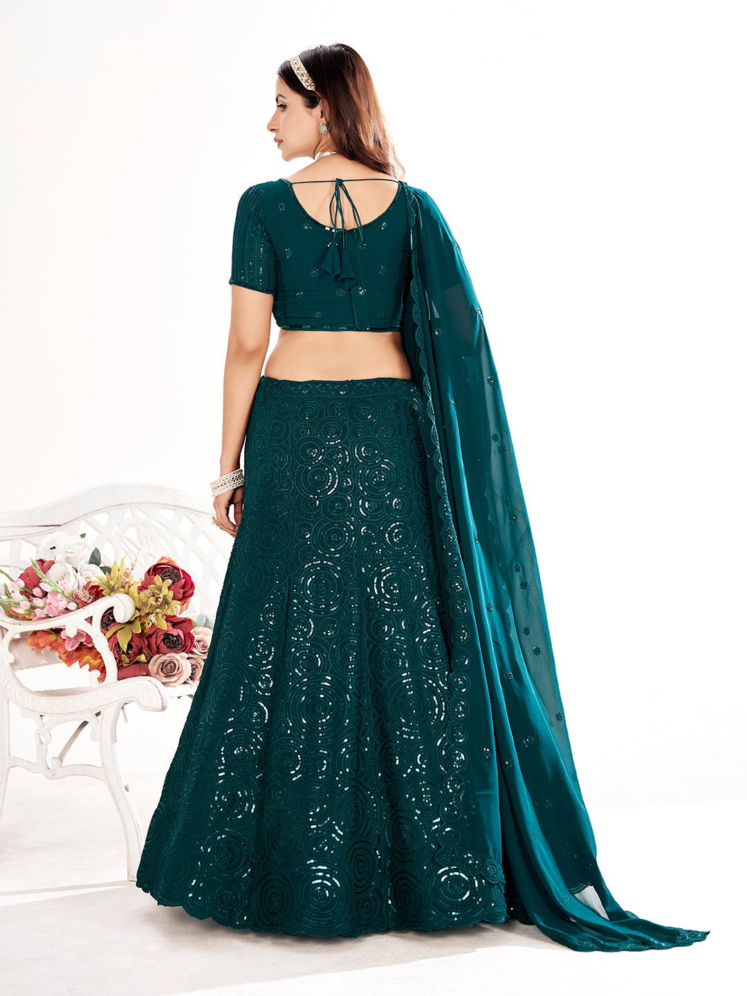 Rama Blue Embroidered Sequined Semi-Stitched Lehenga Choli