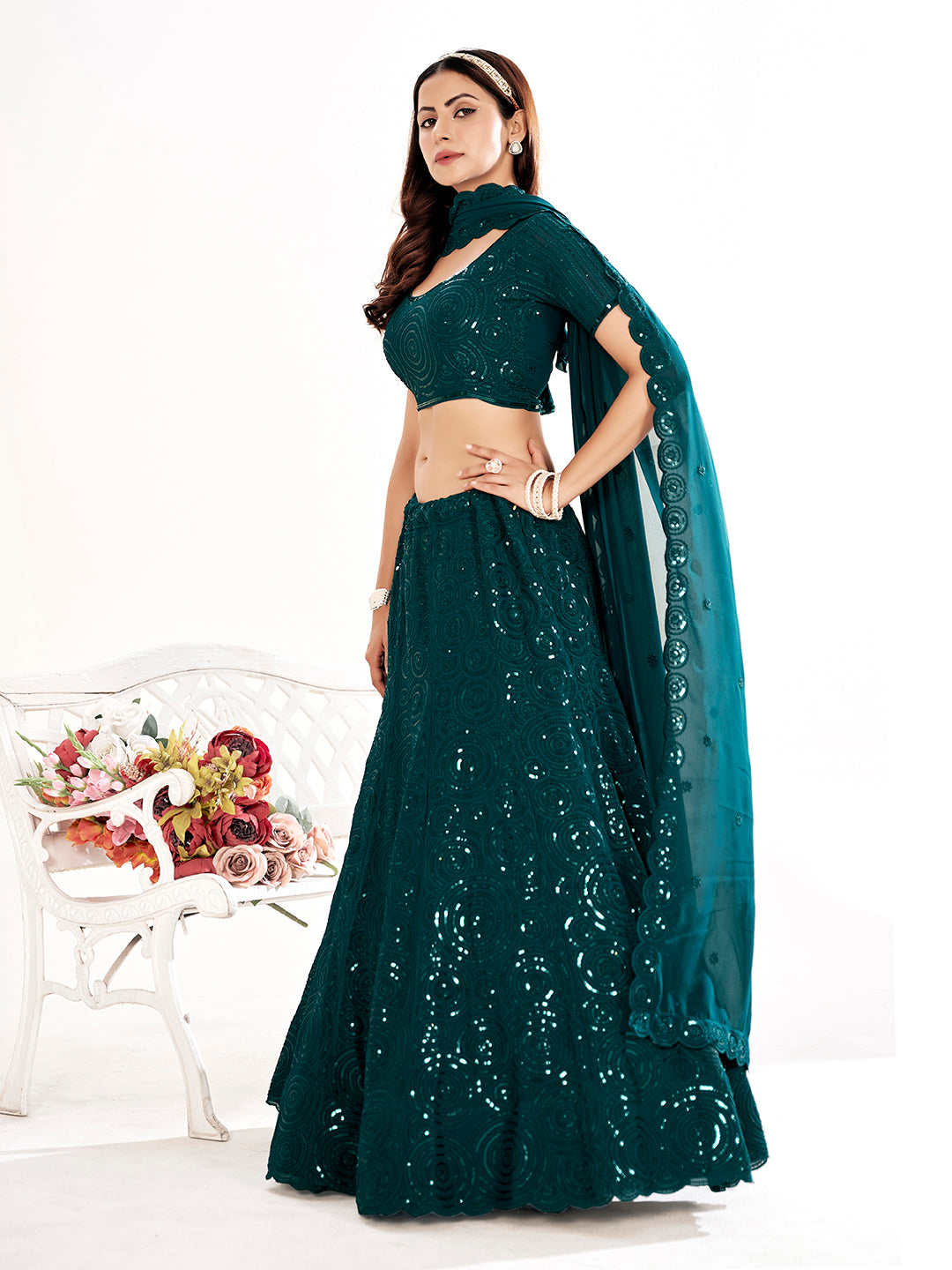 Rama Blue Embroidered Sequined Semi-Stitched Lehenga Choli