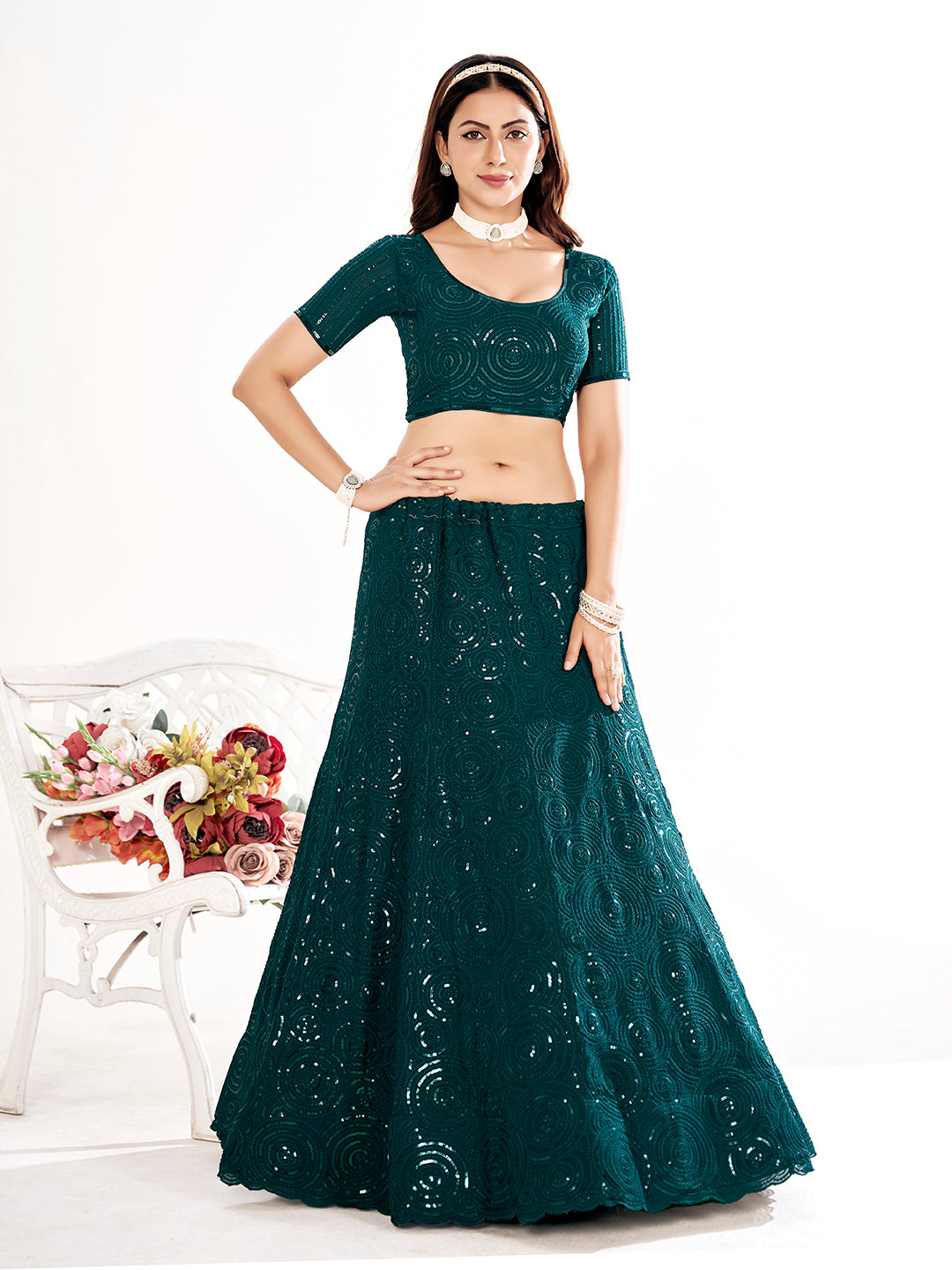 Rama Blue Embroidered Sequined Semi-Stitched Lehenga Choli