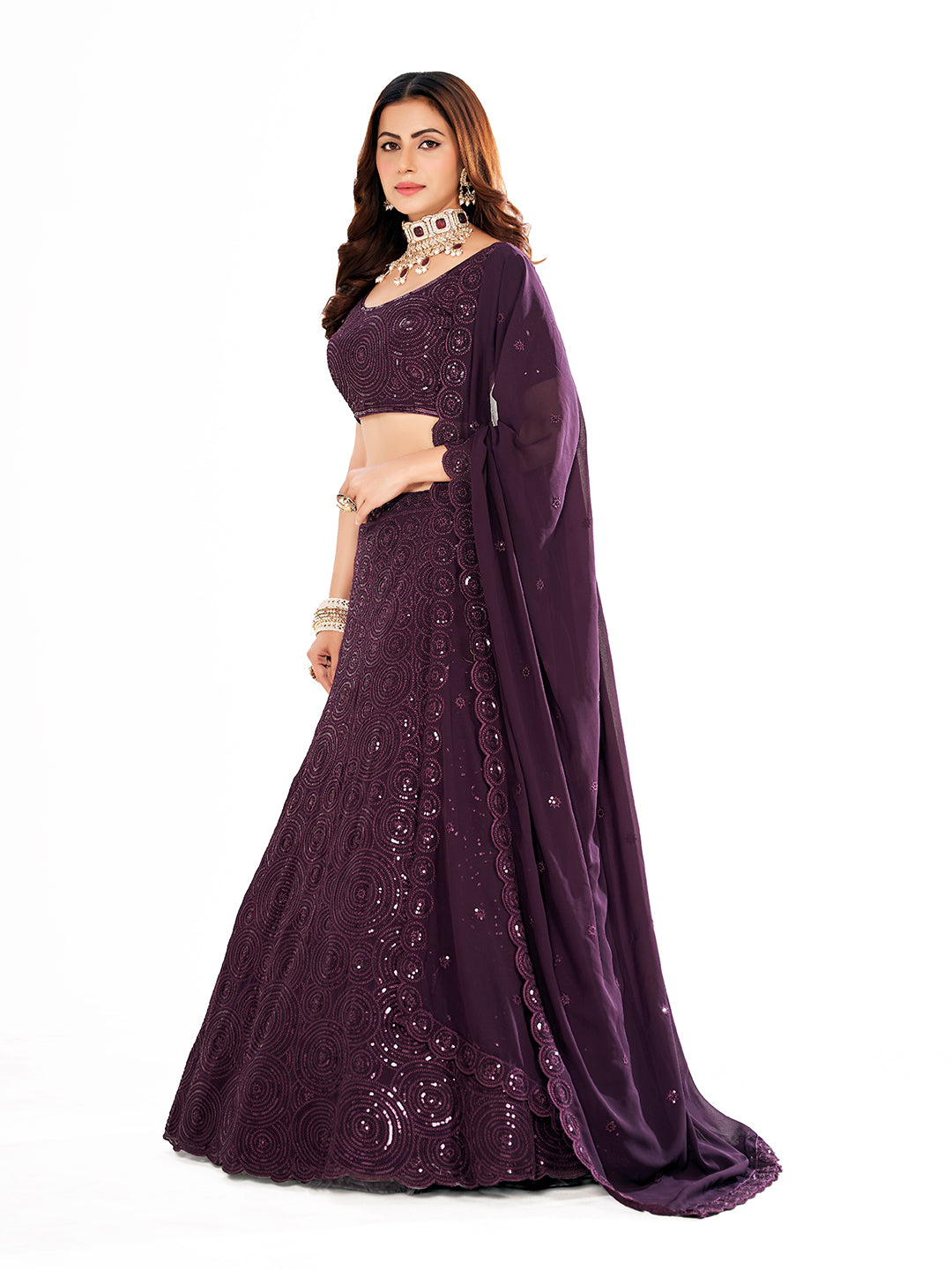 Purple Georgette Embroidered Wedding Lehenga Choli