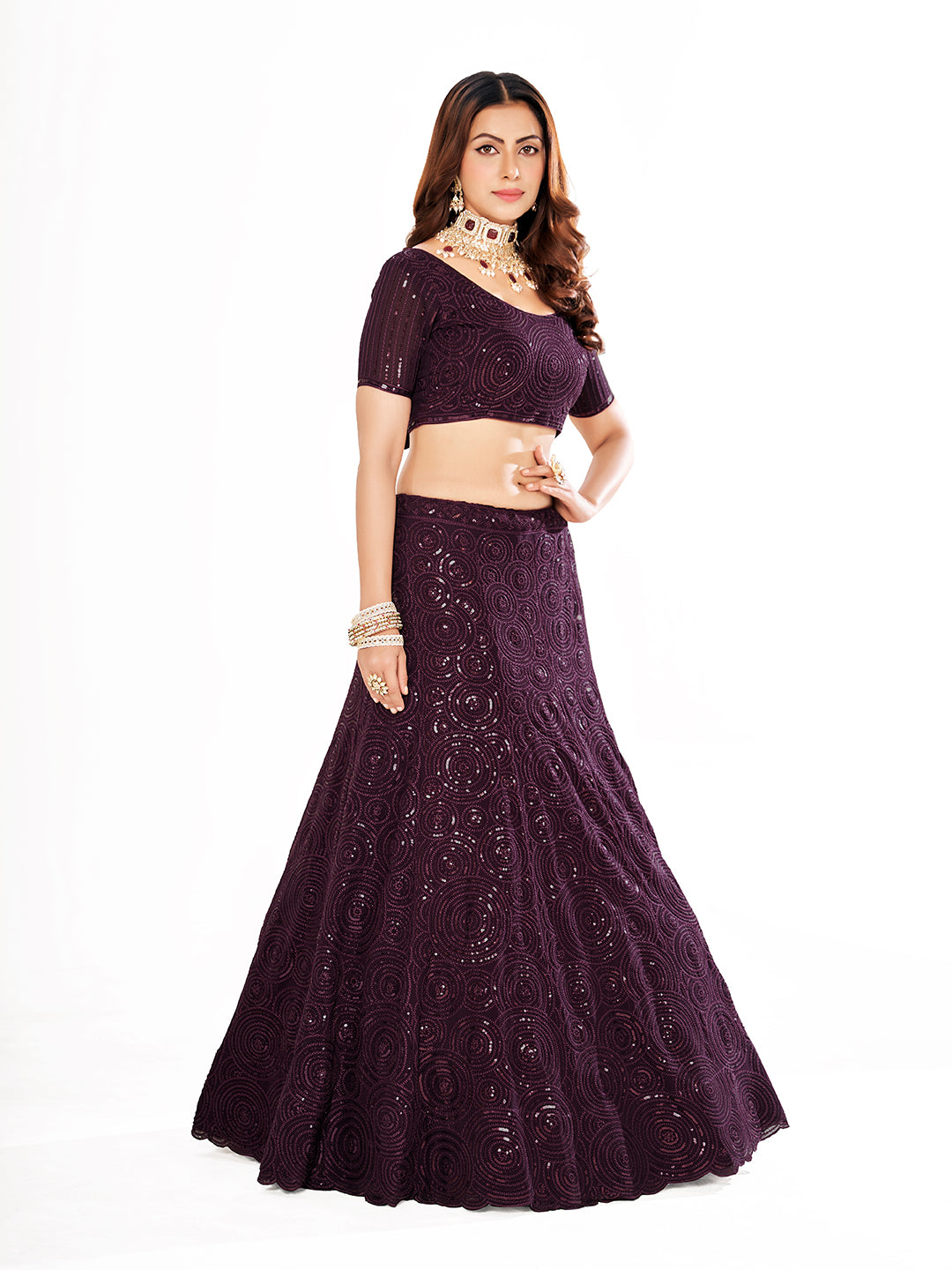 Purple Georgette Embroidered Wedding Lehenga Choli