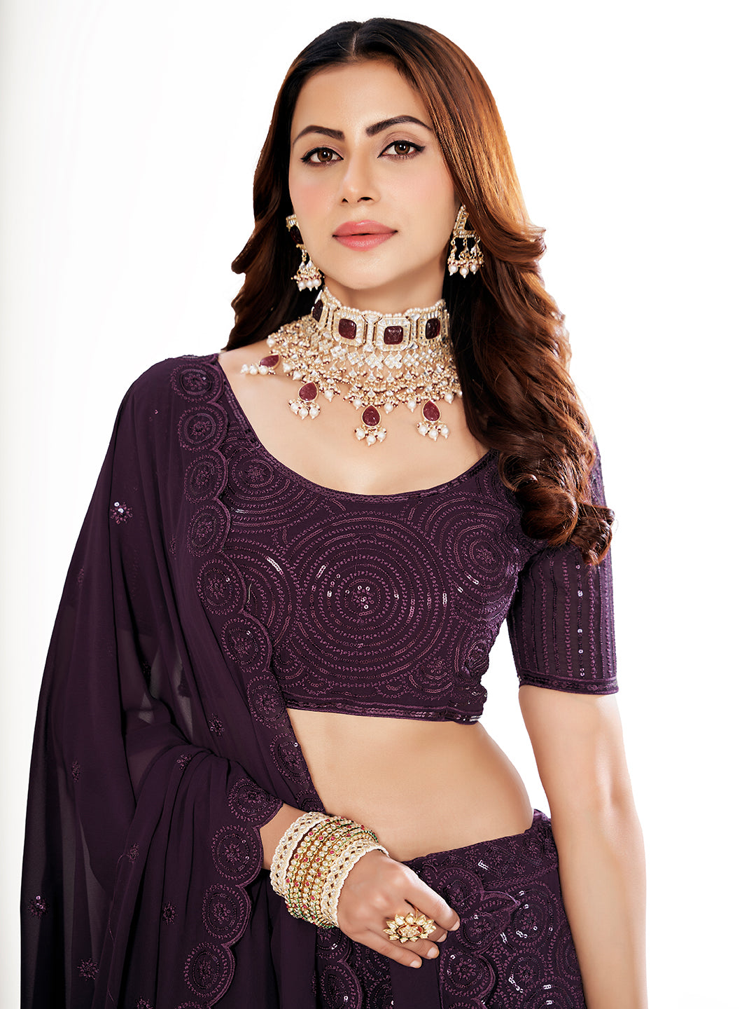 Purple Georgette Embroidered Wedding Lehenga Choli