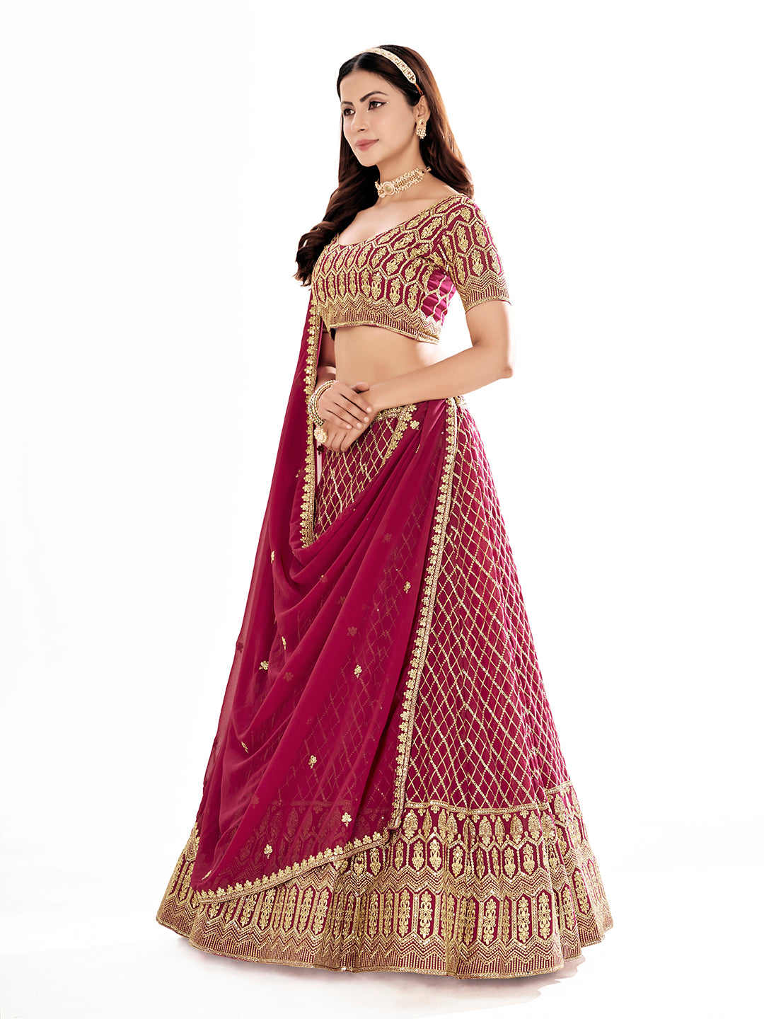 Magenta Embroidered Wedding Semi-Stitch Lehenga Choli