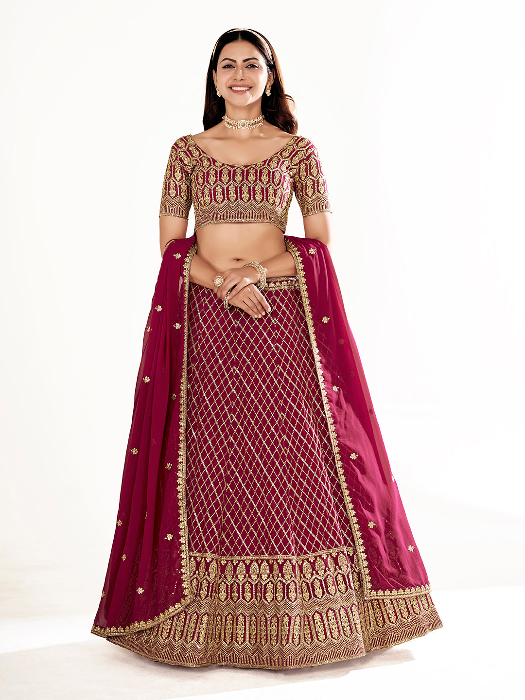 Magenta Embroidered Wedding Semi-Stitch Lehenga Choli