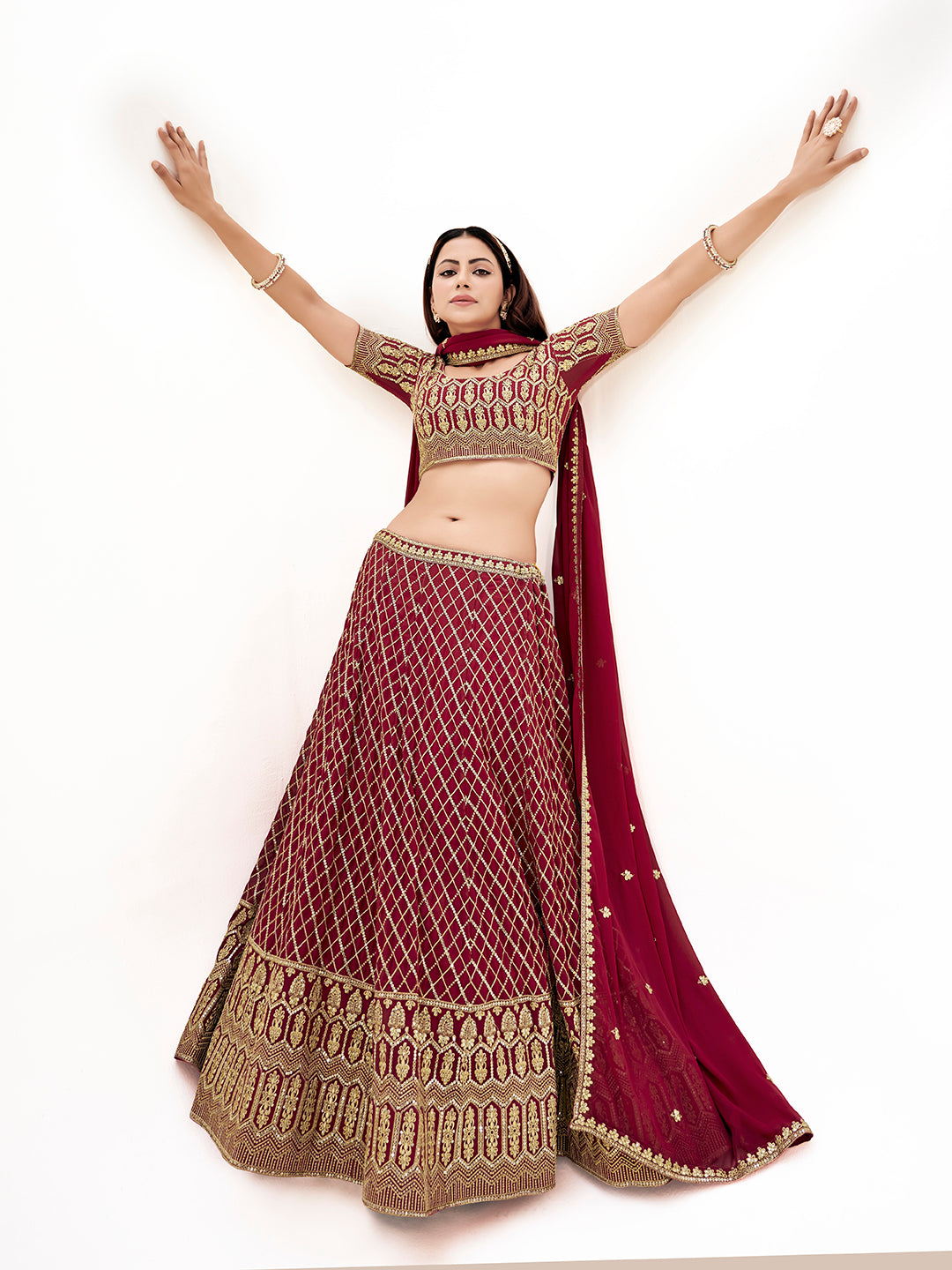 Magenta Embroidered Wedding Semi-Stitch Lehenga Choli