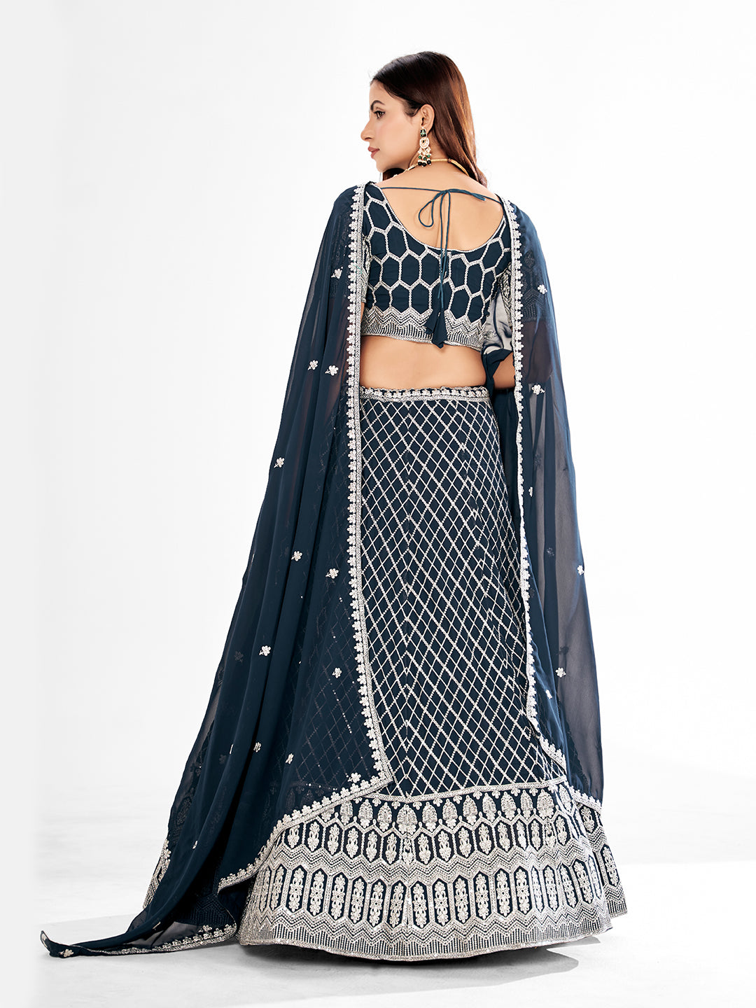 Navy Blue & Silver Embroidered Semi-Stitch Lehenga Choli